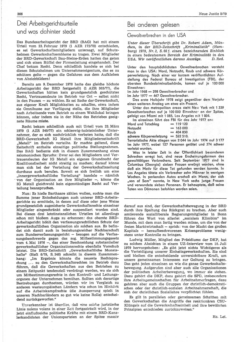 Neue Justiz (NJ), Zeitschrift für sozialistisches Recht und Gesetzlichkeit [Deutsche Demokratische Republik (DDR)], 33. Jahrgang 1979, Seite 366 (NJ DDR 1979, S. 366)