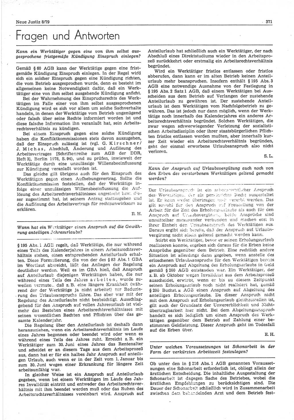 Neue Justiz (NJ), Zeitschrift für sozialistisches Recht und Gesetzlichkeit [Deutsche Demokratische Republik (DDR)], 33. Jahrgang 1979, Seite 371 (NJ DDR 1979, S. 371)