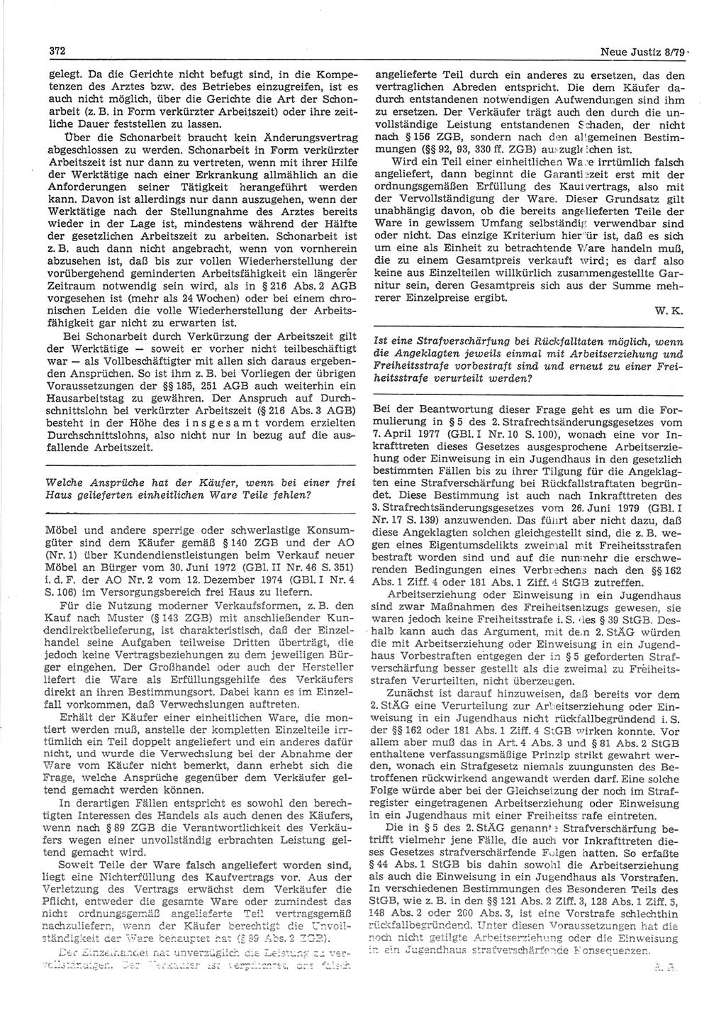 Neue Justiz (NJ), Zeitschrift für sozialistisches Recht und Gesetzlichkeit [Deutsche Demokratische Republik (DDR)], 33. Jahrgang 1979, Seite 372 (NJ DDR 1979, S. 372)