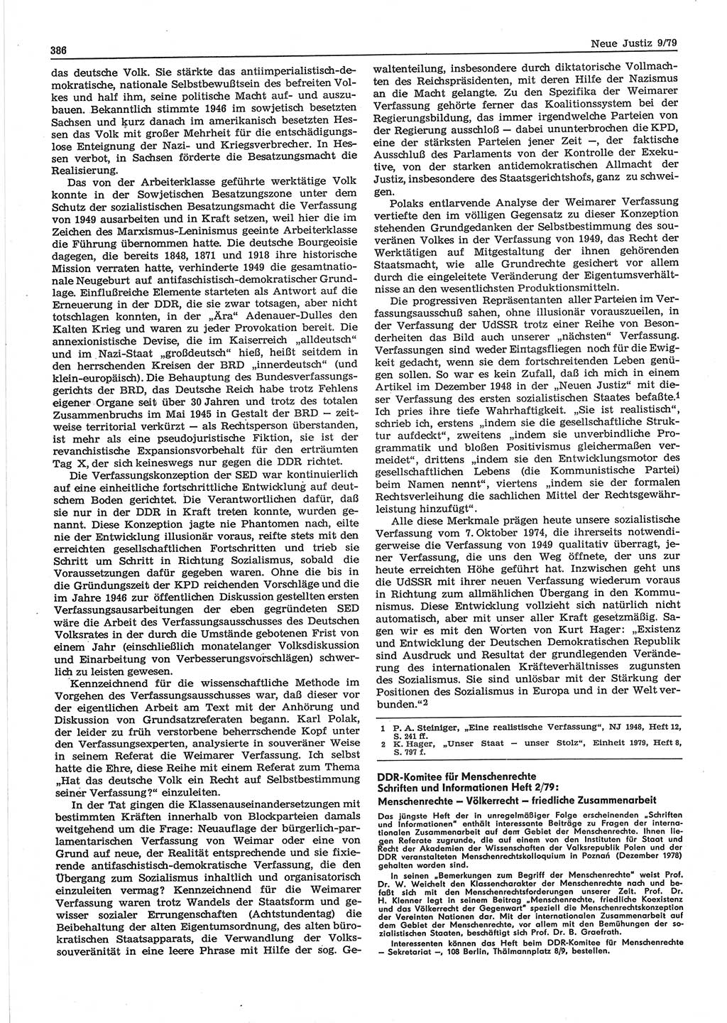 Neue Justiz (NJ), Zeitschrift für sozialistisches Recht und Gesetzlichkeit [Deutsche Demokratische Republik (DDR)], 33. Jahrgang 1979, Seite 386 (NJ DDR 1979, S. 386)