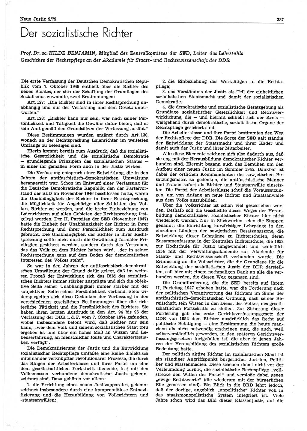 Neue Justiz (NJ), Zeitschrift für sozialistisches Recht und Gesetzlichkeit [Deutsche Demokratische Republik (DDR)], 33. Jahrgang 1979, Seite 387 (NJ DDR 1979, S. 387)