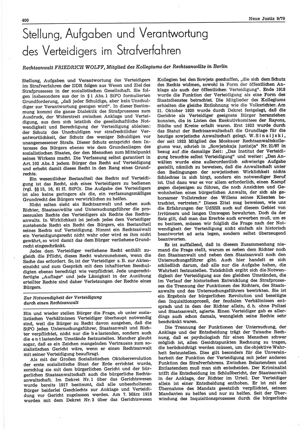 Neue Justiz (NJ), Zeitschrift für sozialistisches Recht und Gesetzlichkeit [Deutsche Demokratische Republik (DDR)], 33. Jahrgang 1979, Seite 400 (NJ DDR 1979, S. 400)