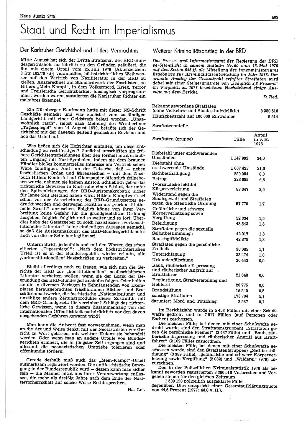 Neue Justiz (NJ), Zeitschrift für sozialistisches Recht und Gesetzlichkeit [Deutsche Demokratische Republik (DDR)], 33. Jahrgang 1979, Seite 409 (NJ DDR 1979, S. 409)