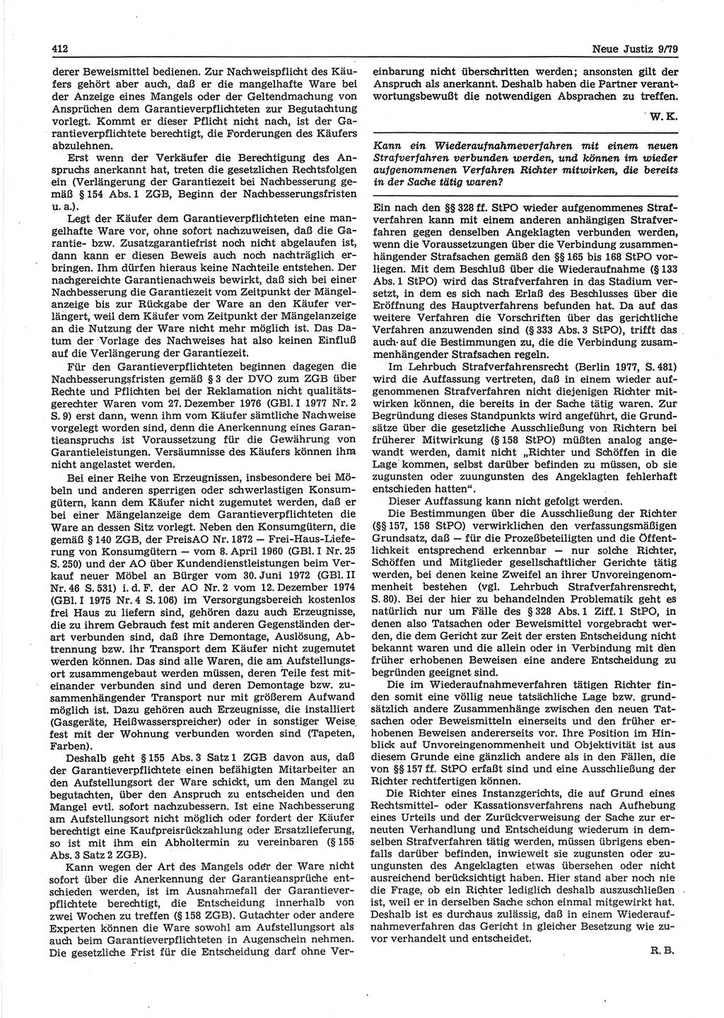 Neue Justiz (NJ), Zeitschrift für sozialistisches Recht und Gesetzlichkeit [Deutsche Demokratische Republik (DDR)], 33. Jahrgang 1979, Seite 412 (NJ DDR 1979, S. 412)