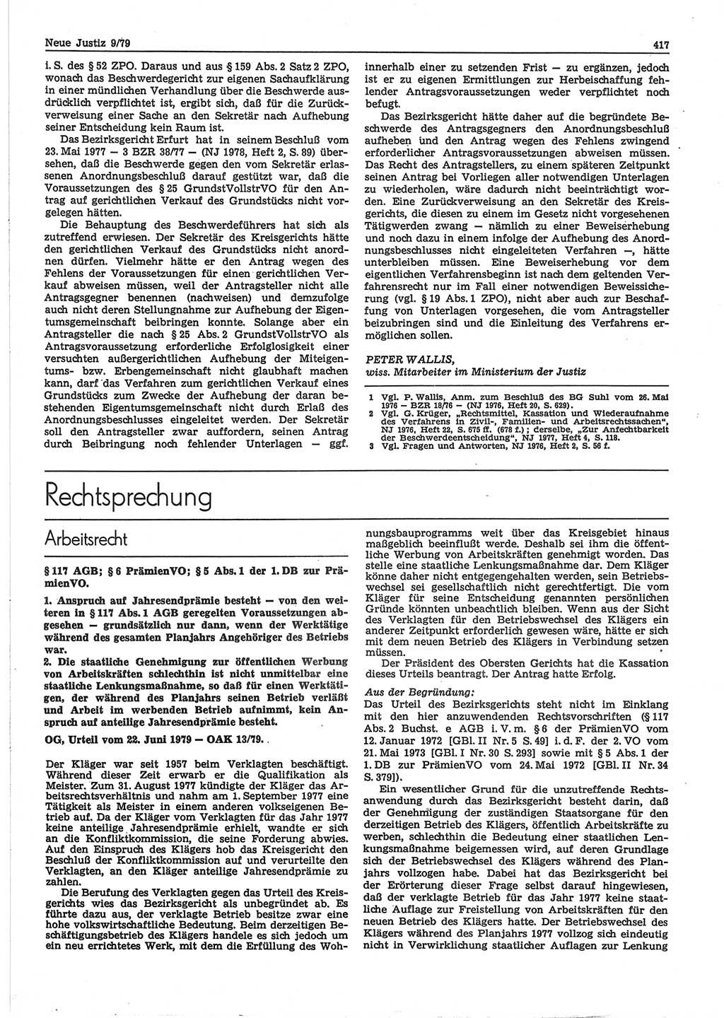 Neue Justiz (NJ), Zeitschrift für sozialistisches Recht und Gesetzlichkeit [Deutsche Demokratische Republik (DDR)], 33. Jahrgang 1979, Seite 417 (NJ DDR 1979, S. 417)