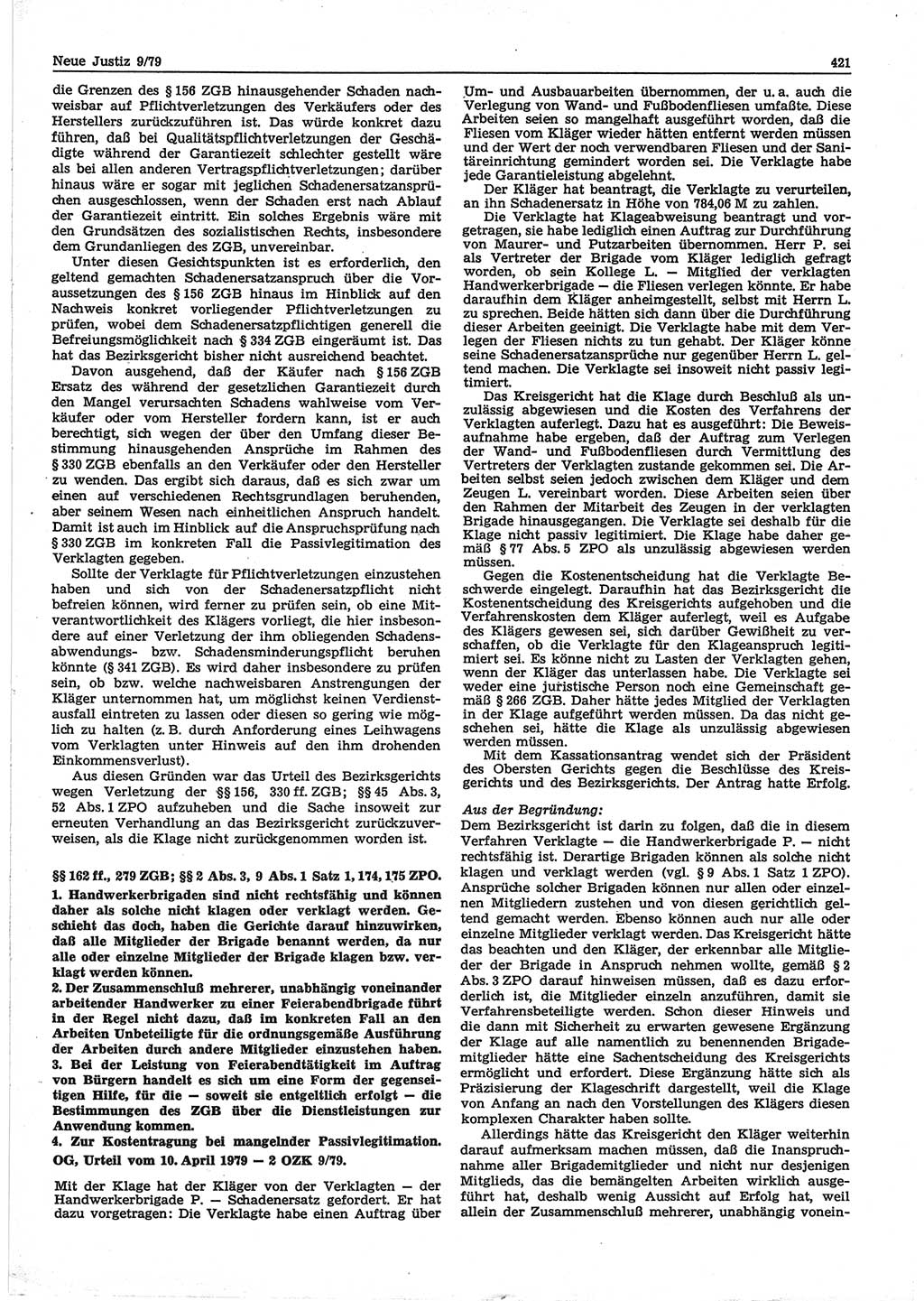 Neue Justiz (NJ), Zeitschrift für sozialistisches Recht und Gesetzlichkeit [Deutsche Demokratische Republik (DDR)], 33. Jahrgang 1979, Seite 421 (NJ DDR 1979, S. 421)