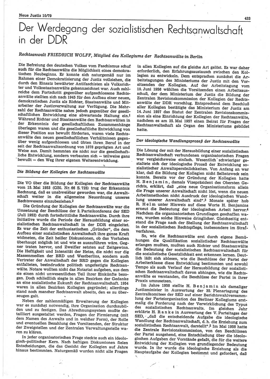 Neue Justiz (NJ), Zeitschrift für sozialistisches Recht und Gesetzlichkeit [Deutsche Demokratische Republik (DDR)], 33. Jahrgang 1979, Seite 433 (NJ DDR 1979, S. 433)