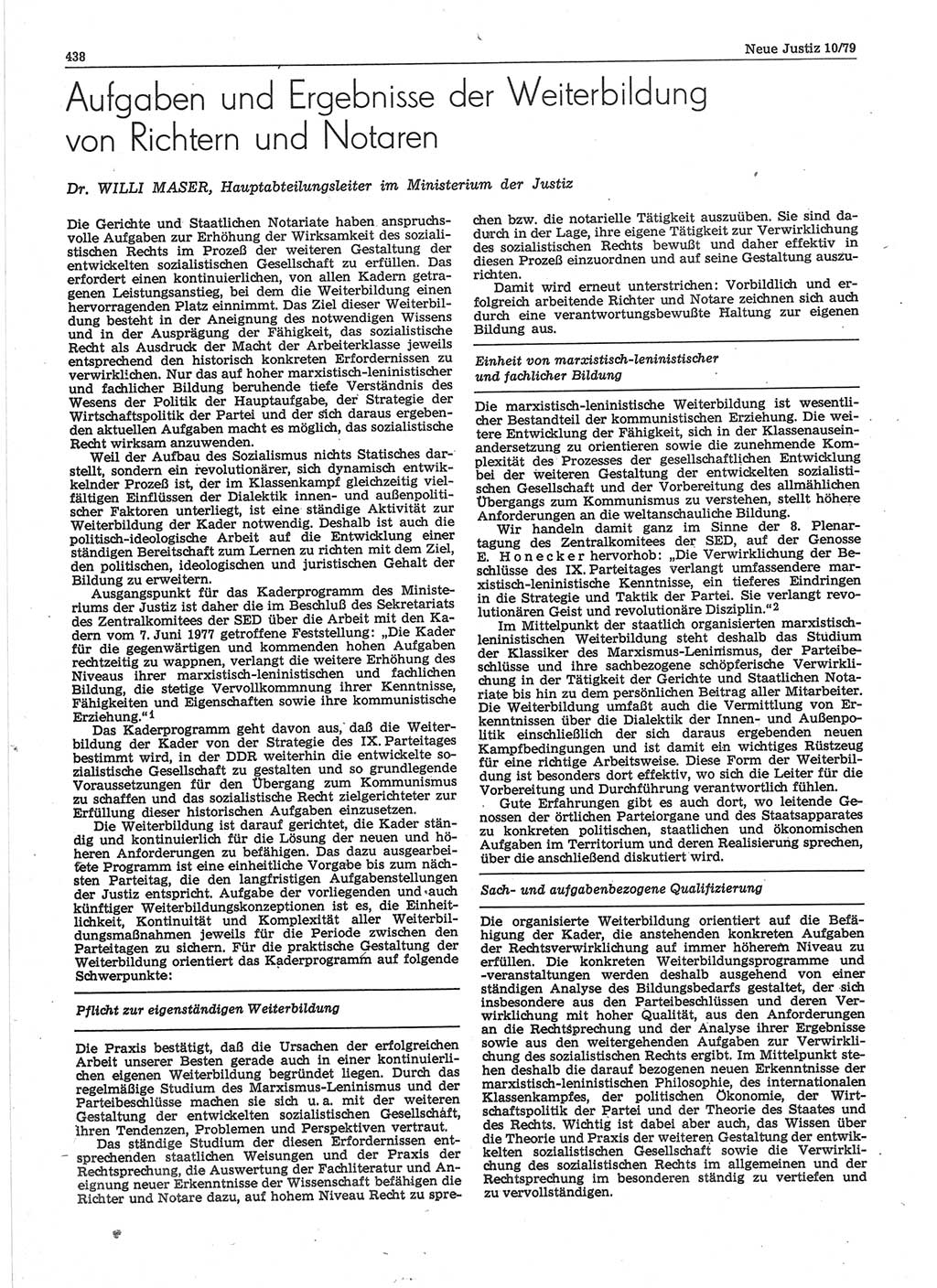 Neue Justiz (NJ), Zeitschrift für sozialistisches Recht und Gesetzlichkeit [Deutsche Demokratische Republik (DDR)], 33. Jahrgang 1979, Seite 438 (NJ DDR 1979, S. 438)