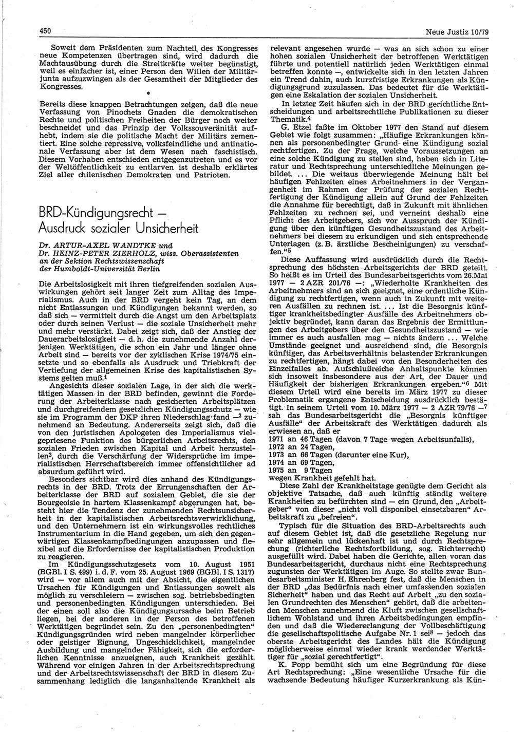 Neue Justiz (NJ), Zeitschrift für sozialistisches Recht und Gesetzlichkeit [Deutsche Demokratische Republik (DDR)], 33. Jahrgang 1979, Seite 450 (NJ DDR 1979, S. 450)