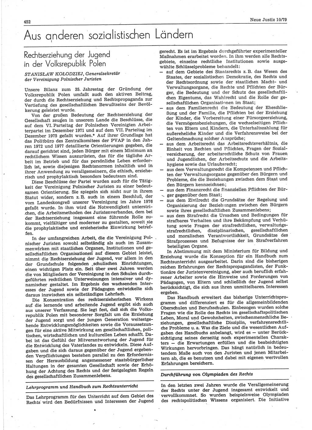 Neue Justiz (NJ), Zeitschrift für sozialistisches Recht und Gesetzlichkeit [Deutsche Demokratische Republik (DDR)], 33. Jahrgang 1979, Seite 452 (NJ DDR 1979, S. 452)