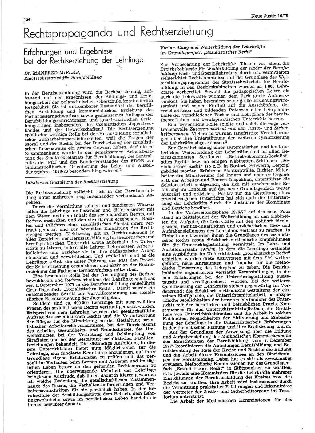 Neue Justiz (NJ), Zeitschrift für sozialistisches Recht und Gesetzlichkeit [Deutsche Demokratische Republik (DDR)], 33. Jahrgang 1979, Seite 454 (NJ DDR 1979, S. 454)