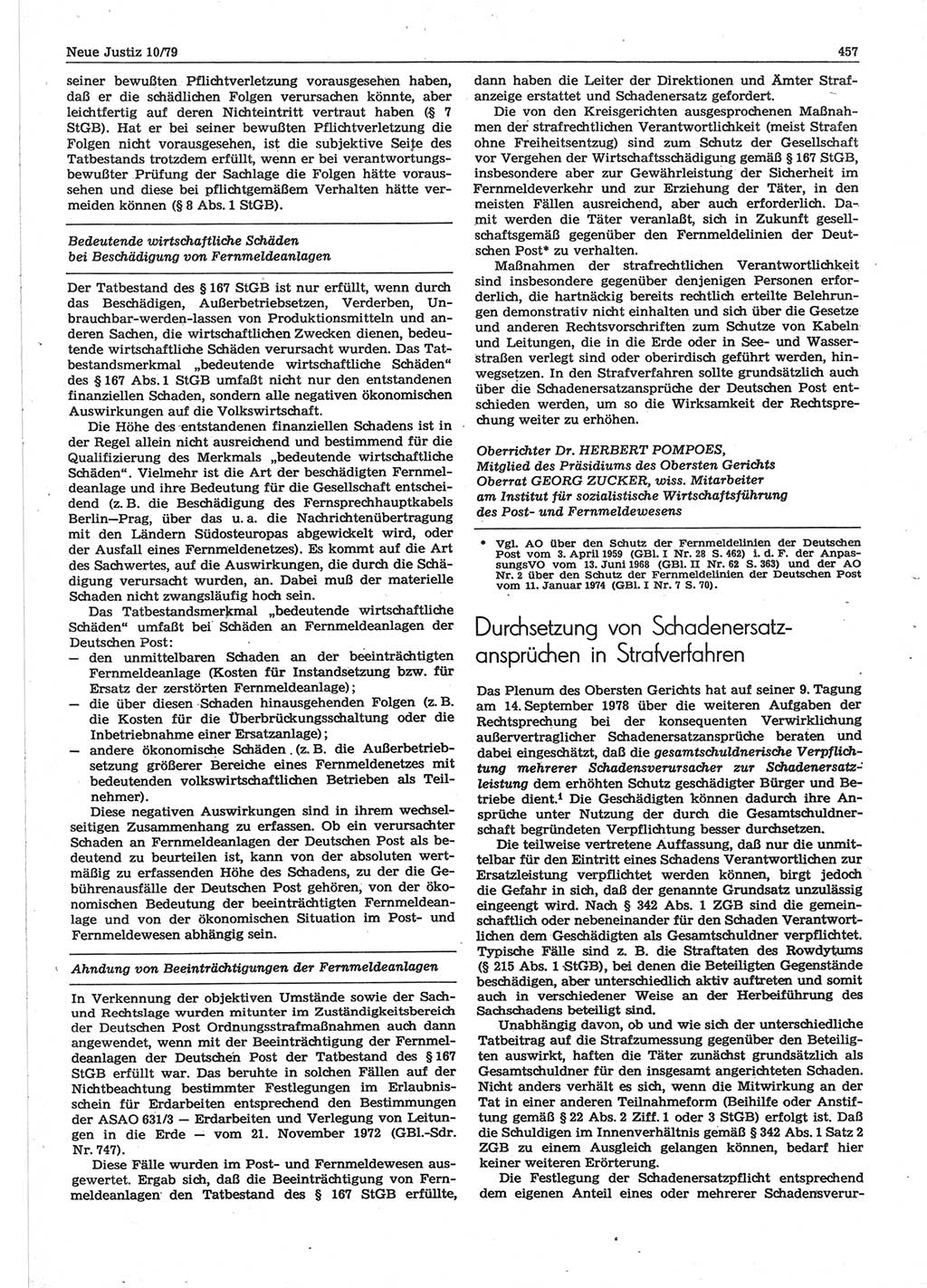 Neue Justiz (NJ), Zeitschrift für sozialistisches Recht und Gesetzlichkeit [Deutsche Demokratische Republik (DDR)], 33. Jahrgang 1979, Seite 457 (NJ DDR 1979, S. 457)