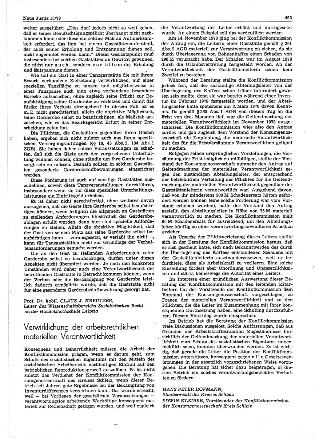 Neue Justiz (NJ), Zeitschrift für sozialistisches Recht und Gesetzlichkeit [Deutsche Demokratische Republik (DDR)], 33. Jahrgang 1979, Seite 459 (NJ DDR 1979, S. 459)