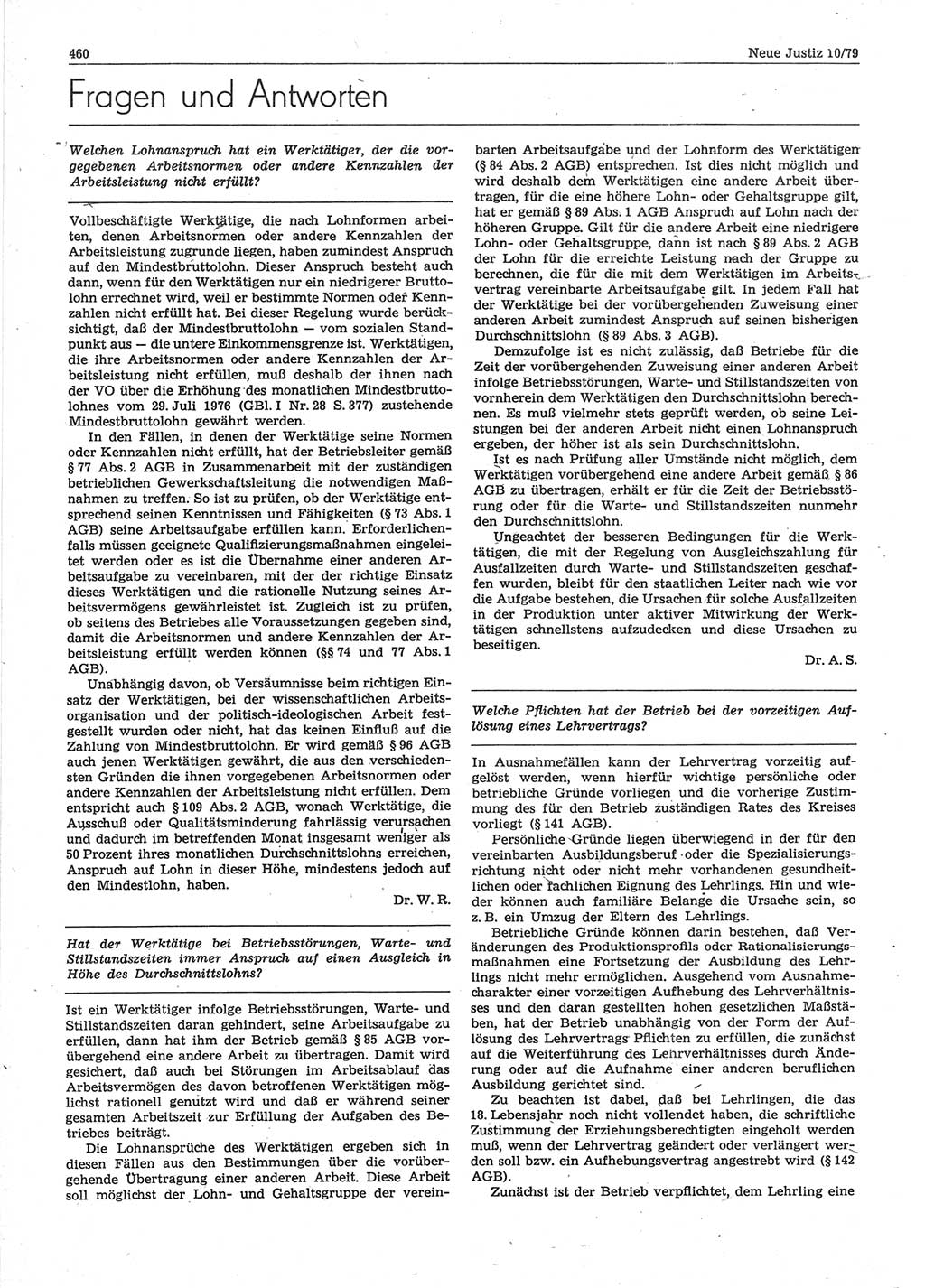 Neue Justiz (NJ), Zeitschrift für sozialistisches Recht und Gesetzlichkeit [Deutsche Demokratische Republik (DDR)], 33. Jahrgang 1979, Seite 460 (NJ DDR 1979, S. 460)