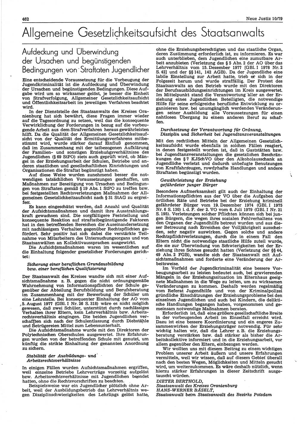 Neue Justiz (NJ), Zeitschrift für sozialistisches Recht und Gesetzlichkeit [Deutsche Demokratische Republik (DDR)], 33. Jahrgang 1979, Seite 462 (NJ DDR 1979, S. 462)