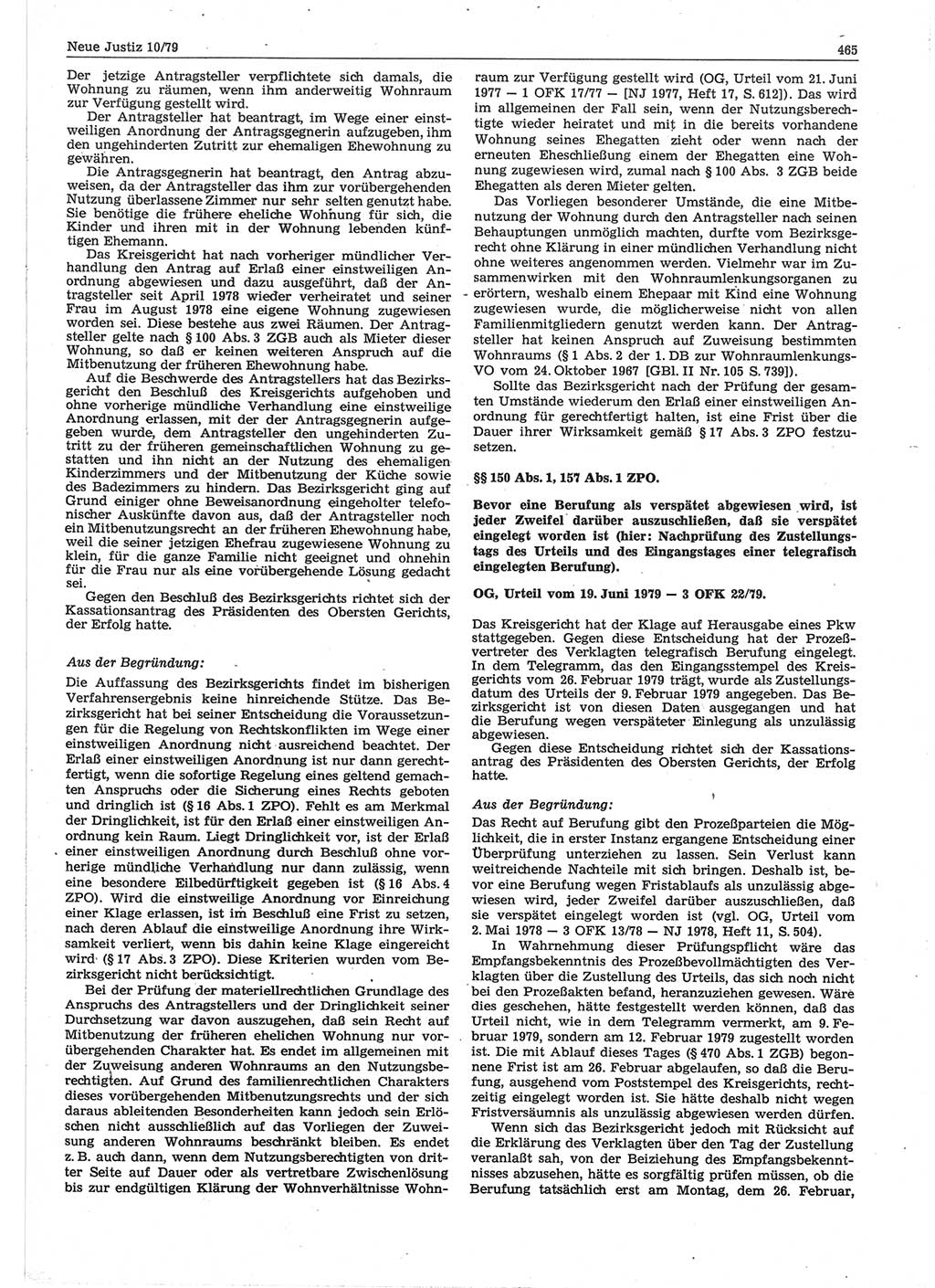 Neue Justiz (NJ), Zeitschrift für sozialistisches Recht und Gesetzlichkeit [Deutsche Demokratische Republik (DDR)], 33. Jahrgang 1979, Seite 465 (NJ DDR 1979, S. 465)