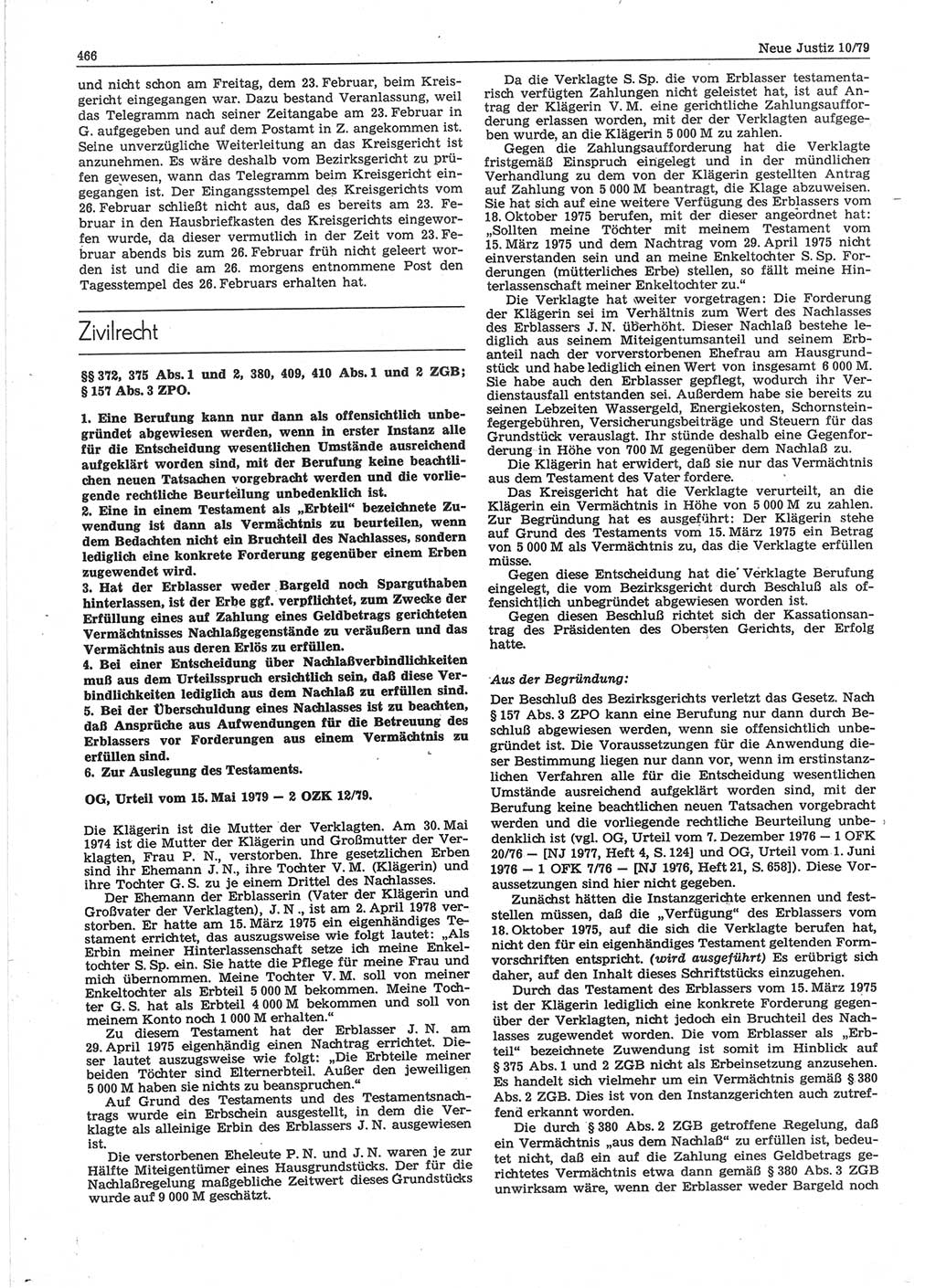 Neue Justiz (NJ), Zeitschrift für sozialistisches Recht und Gesetzlichkeit [Deutsche Demokratische Republik (DDR)], 33. Jahrgang 1979, Seite 466 (NJ DDR 1979, S. 466)