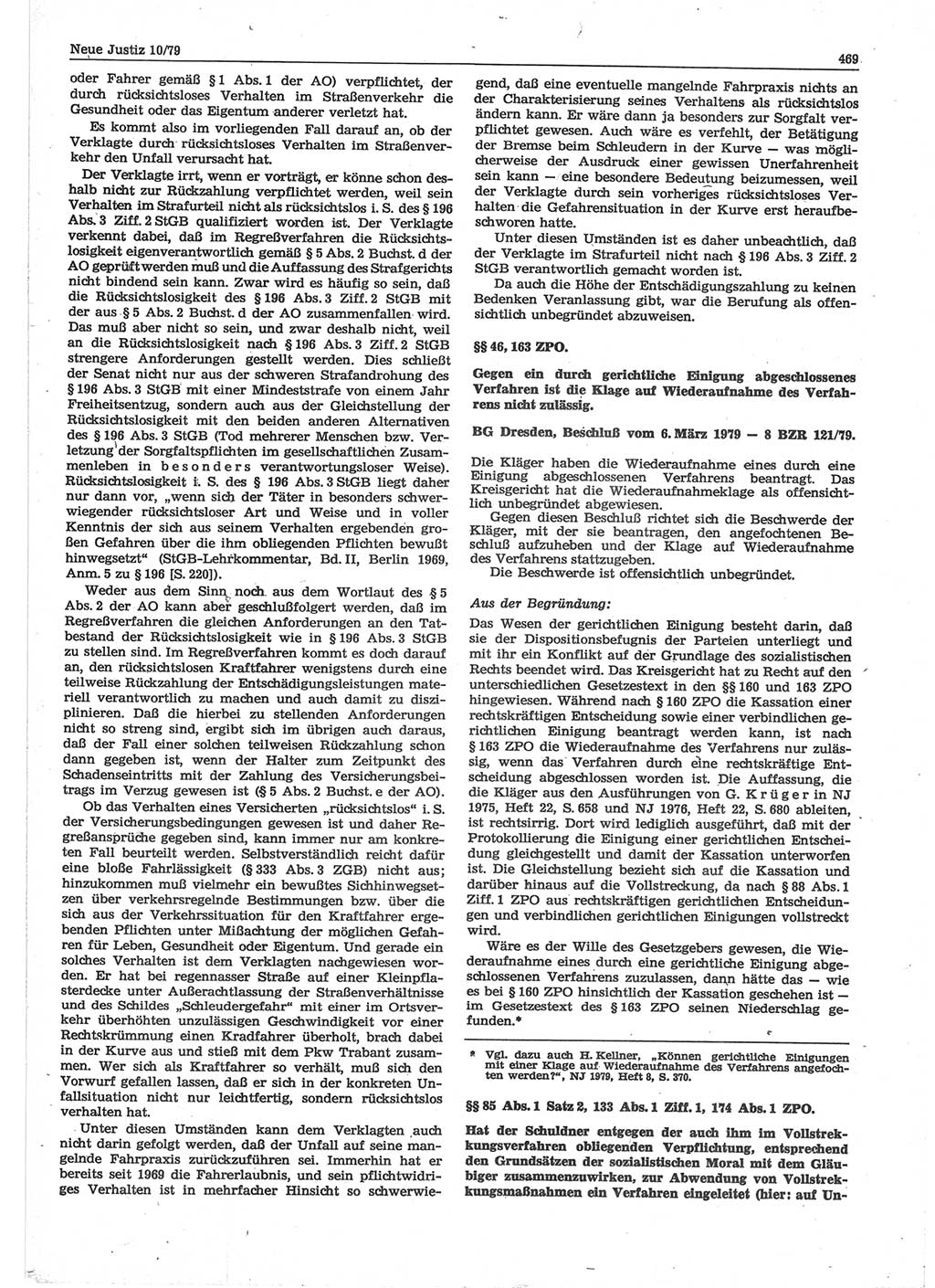 Neue Justiz (NJ), Zeitschrift für sozialistisches Recht und Gesetzlichkeit [Deutsche Demokratische Republik (DDR)], 33. Jahrgang 1979, Seite 469 (NJ DDR 1979, S. 469)
