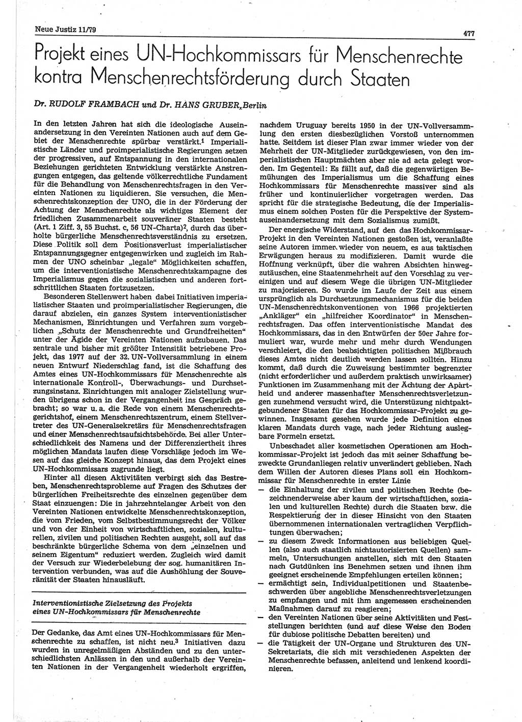 Neue Justiz (NJ), Zeitschrift für sozialistisches Recht und Gesetzlichkeit [Deutsche Demokratische Republik (DDR)], 33. Jahrgang 1979, Seite 477 (NJ DDR 1979, S. 477)