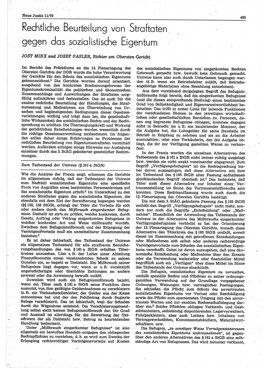 Neue Justiz (NJ), Zeitschrift für sozialistisches Recht und Gesetzlichkeit [Deutsche Demokratische Republik (DDR)], 33. Jahrgang 1979, Seite 485 (NJ DDR 1979, S. 485)