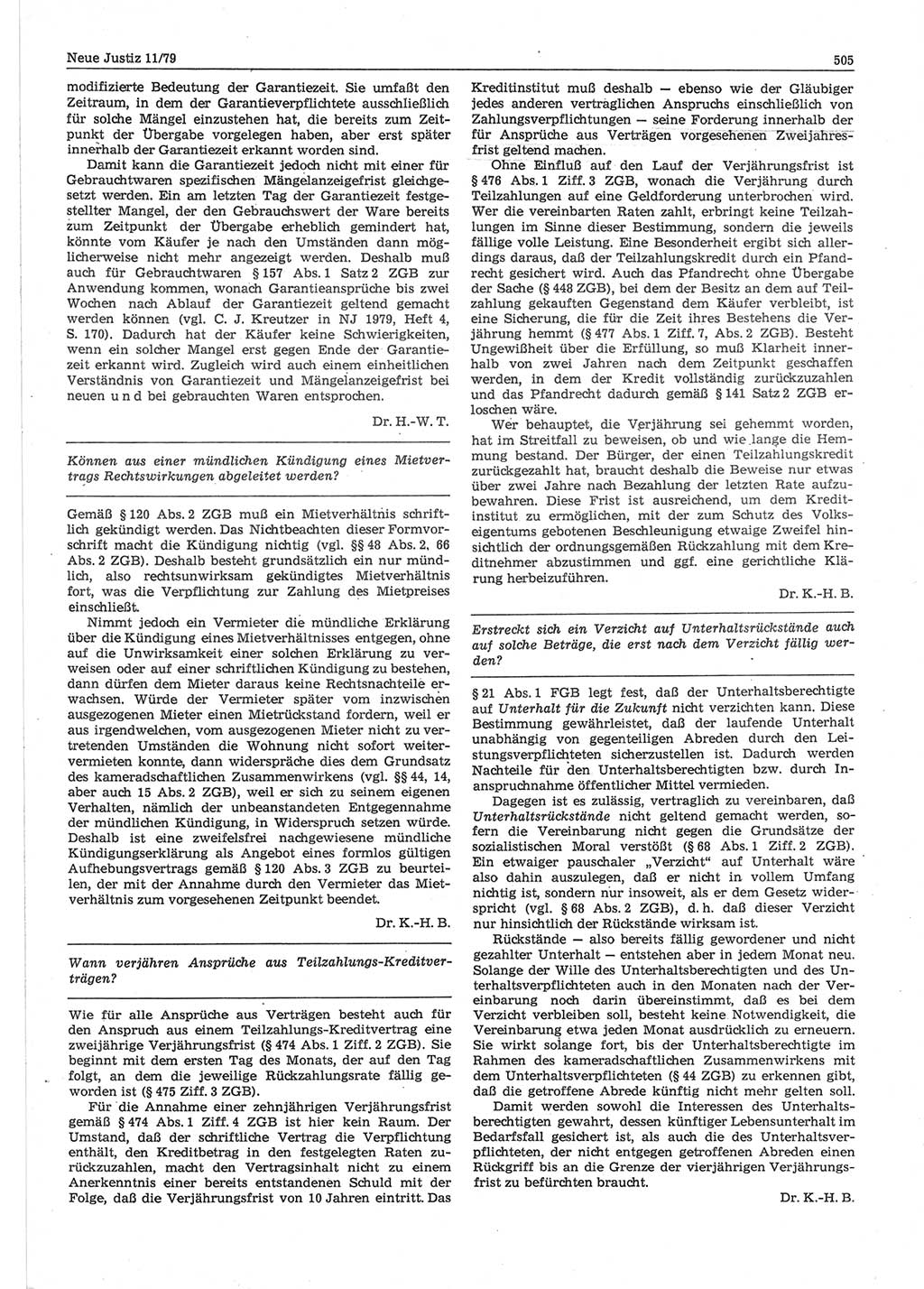 Neue Justiz (NJ), Zeitschrift für sozialistisches Recht und Gesetzlichkeit [Deutsche Demokratische Republik (DDR)], 33. Jahrgang 1979, Seite 505 (NJ DDR 1979, S. 505)