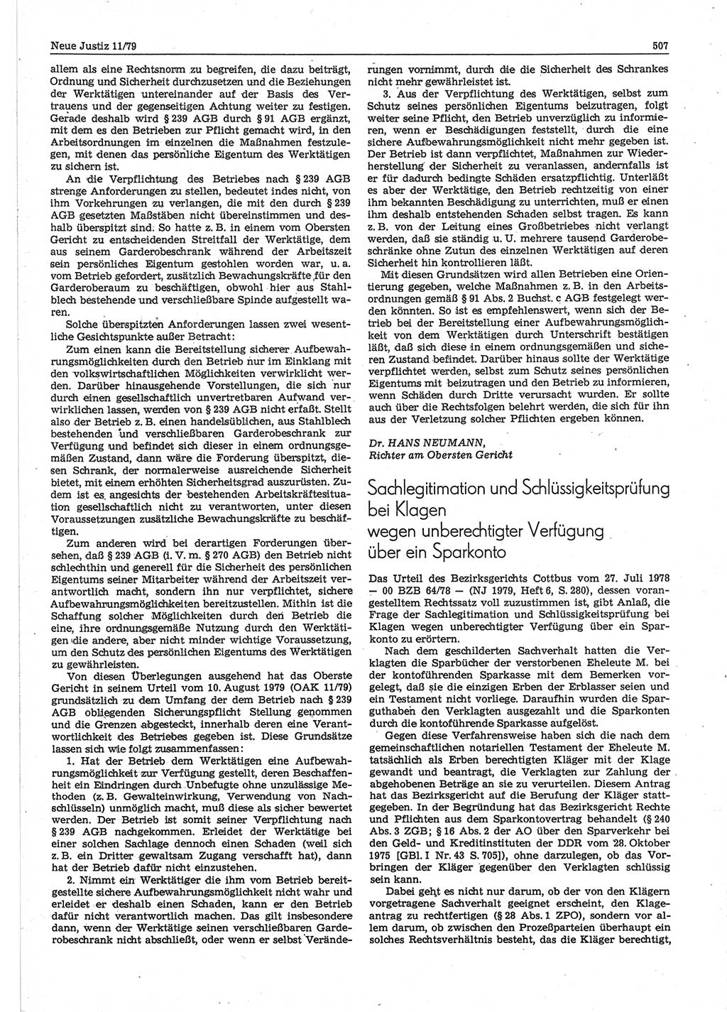 Neue Justiz (NJ), Zeitschrift für sozialistisches Recht und Gesetzlichkeit [Deutsche Demokratische Republik (DDR)], 33. Jahrgang 1979, Seite 507 (NJ DDR 1979, S. 507)