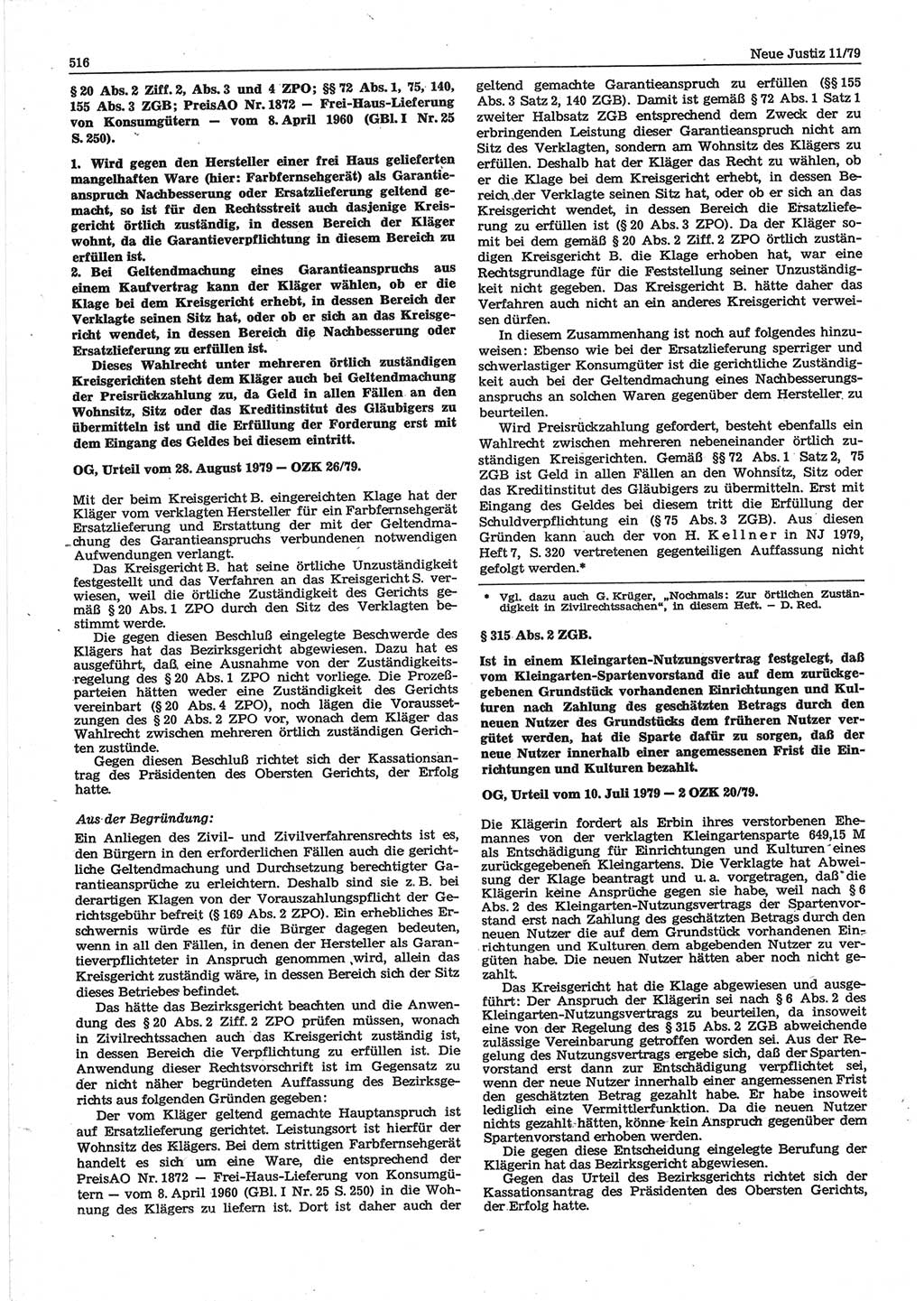 Neue Justiz (NJ), Zeitschrift für sozialistisches Recht und Gesetzlichkeit [Deutsche Demokratische Republik (DDR)], 33. Jahrgang 1979, Seite 516 (NJ DDR 1979, S. 516)