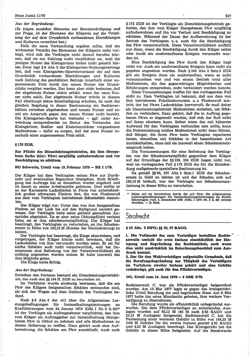 Neue Justiz (NJ), Zeitschrift für sozialistisches Recht und Gesetzlichkeit [Deutsche Demokratische Republik (DDR)], 33. Jahrgang 1979, Seite 517 (NJ DDR 1979, S. 517)