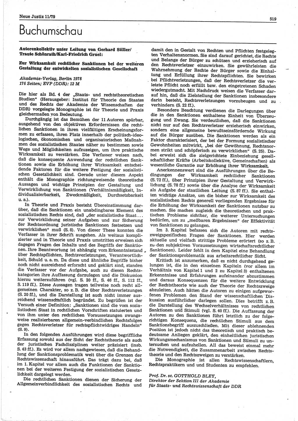 Neue Justiz (NJ), Zeitschrift für sozialistisches Recht und Gesetzlichkeit [Deutsche Demokratische Republik (DDR)], 33. Jahrgang 1979, Seite 519 (NJ DDR 1979, S. 519)