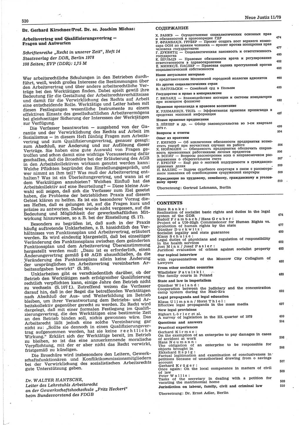 Neue Justiz (NJ), Zeitschrift für sozialistisches Recht und Gesetzlichkeit [Deutsche Demokratische Republik (DDR)], 33. Jahrgang 1979, Seite 520 (NJ DDR 1979, S. 520)