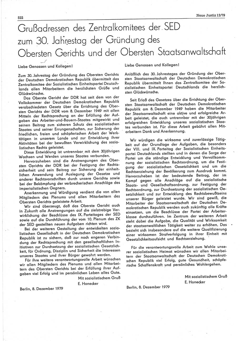 Neue Justiz (NJ), Zeitschrift für sozialistisches Recht und Gesetzlichkeit [Deutsche Demokratische Republik (DDR)], 33. Jahrgang 1979, Seite 522 (NJ DDR 1979, S. 522)