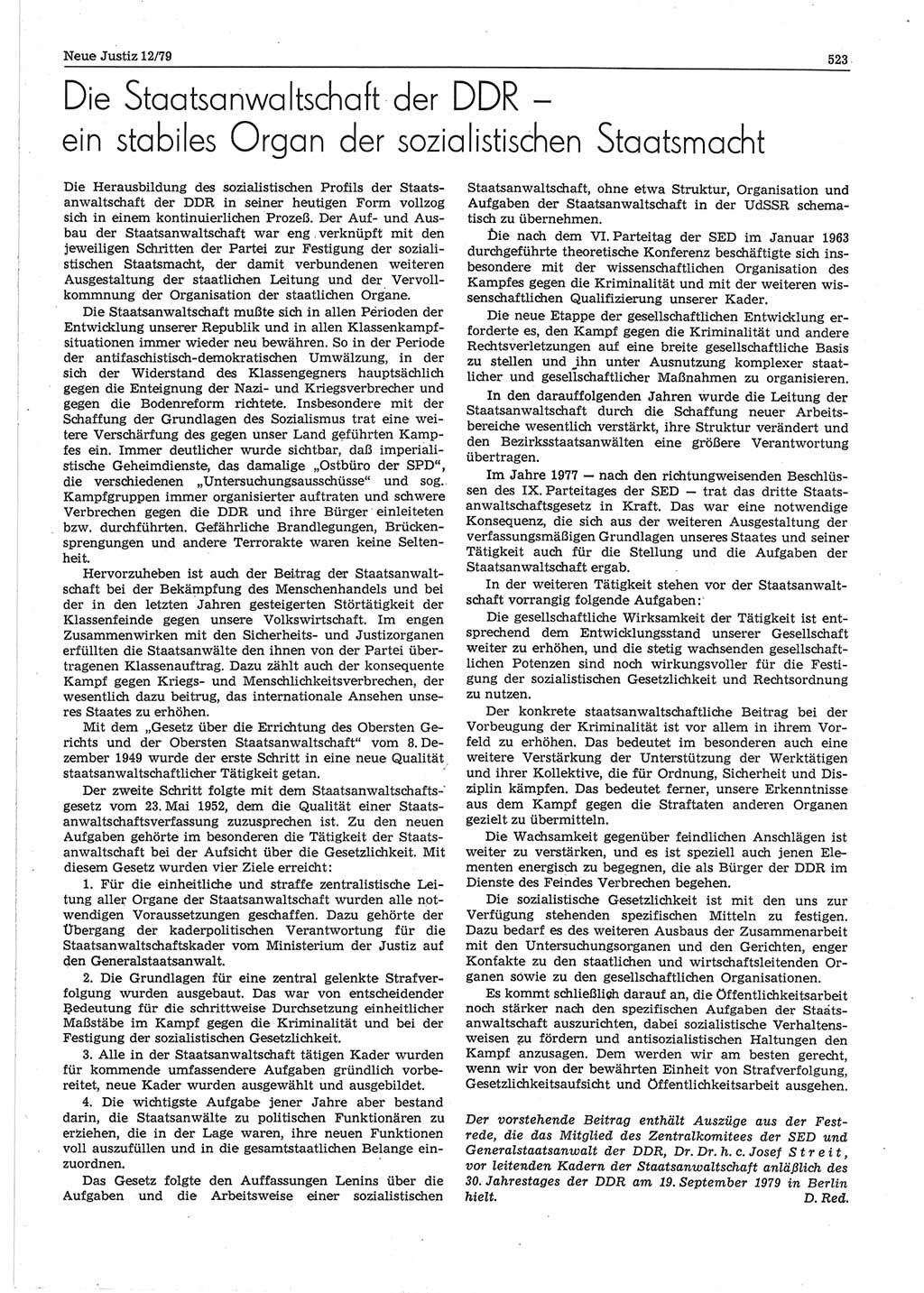 Neue Justiz (NJ), Zeitschrift für sozialistisches Recht und Gesetzlichkeit [Deutsche Demokratische Republik (DDR)], 33. Jahrgang 1979, Seite 523 (NJ DDR 1979, S. 523)