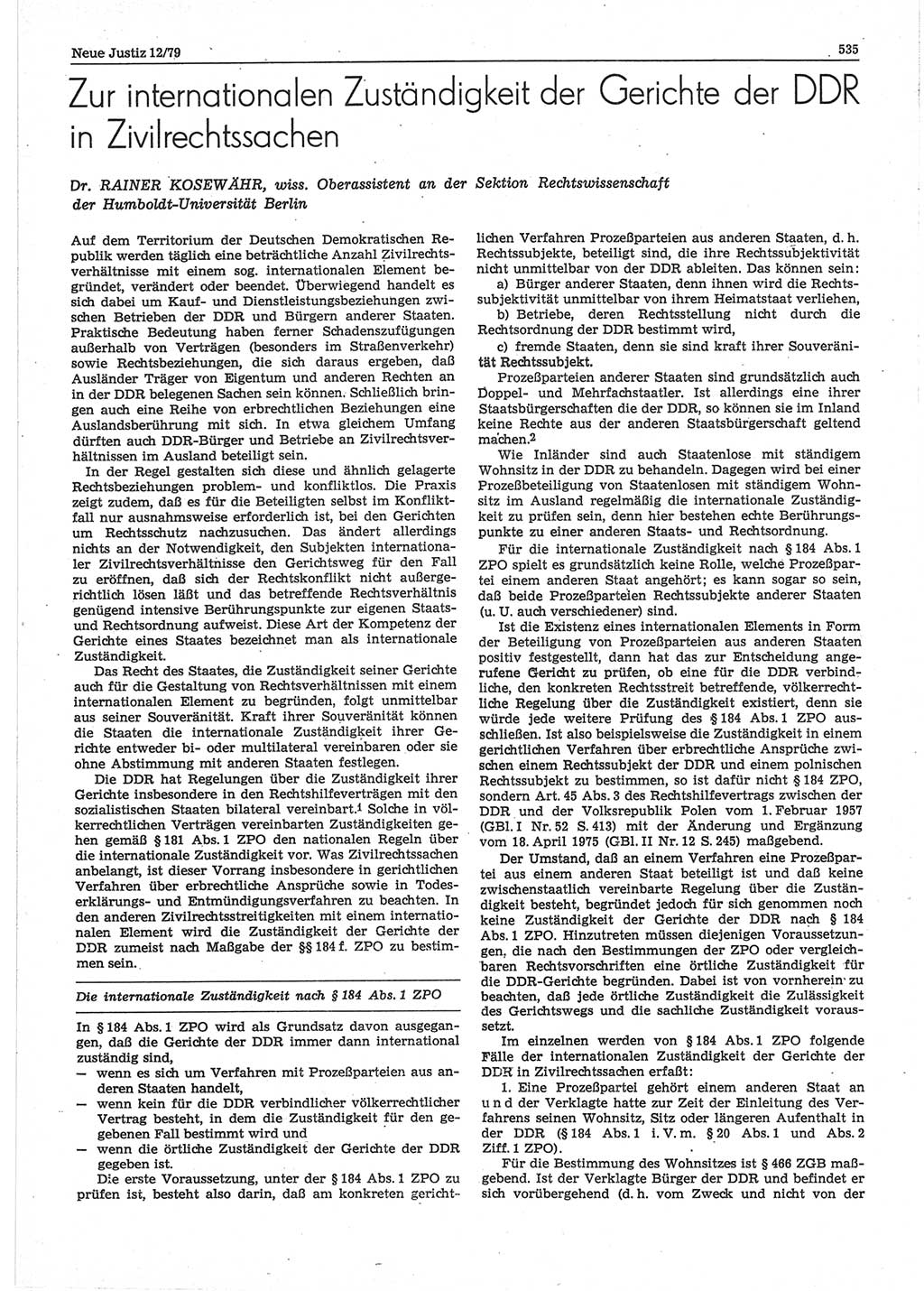 Neue Justiz (NJ), Zeitschrift für sozialistisches Recht und Gesetzlichkeit [Deutsche Demokratische Republik (DDR)], 33. Jahrgang 1979, Seite 535 (NJ DDR 1979, S. 535)