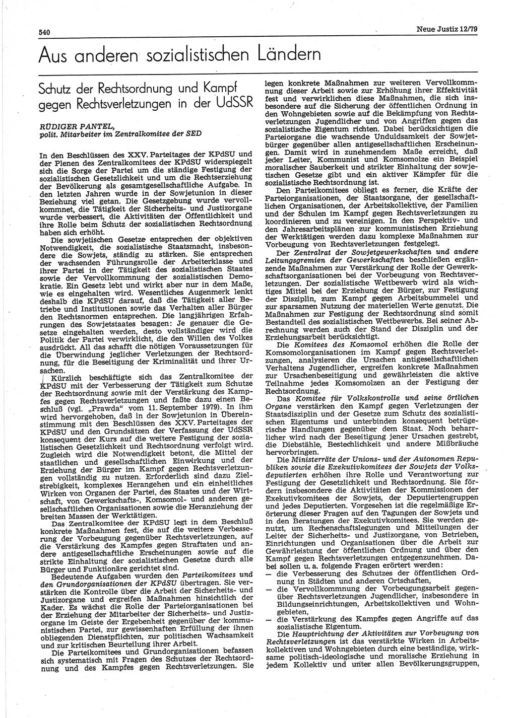 Neue Justiz (NJ), Zeitschrift für sozialistisches Recht und Gesetzlichkeit [Deutsche Demokratische Republik (DDR)], 33. Jahrgang 1979, Seite 540 (NJ DDR 1979, S. 540)