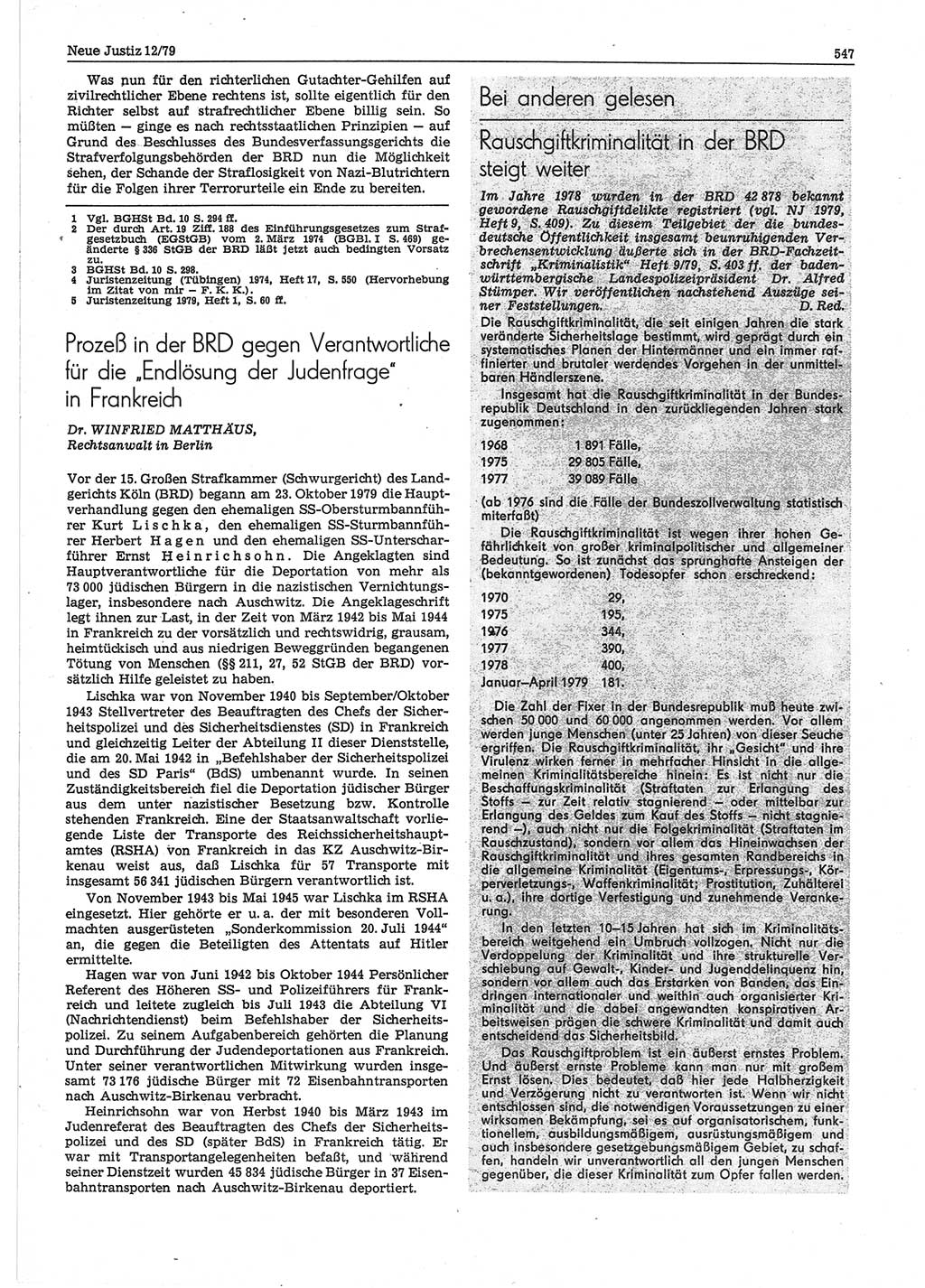 Neue Justiz (NJ), Zeitschrift für sozialistisches Recht und Gesetzlichkeit [Deutsche Demokratische Republik (DDR)], 33. Jahrgang 1979, Seite 547 (NJ DDR 1979, S. 547)