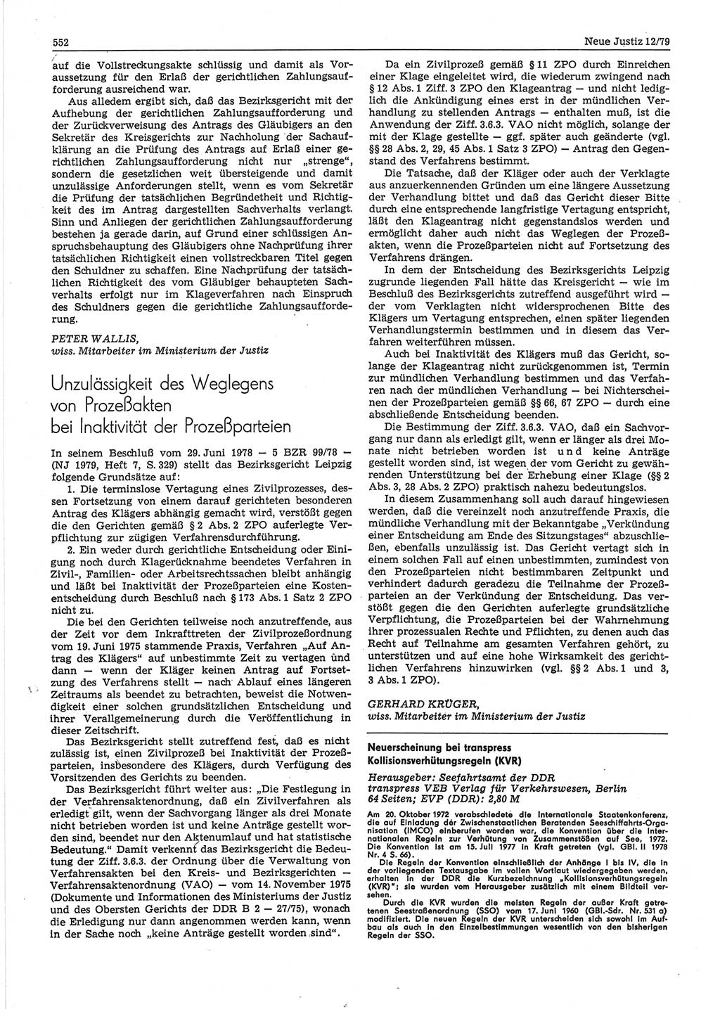 Neue Justiz (NJ), Zeitschrift für sozialistisches Recht und Gesetzlichkeit [Deutsche Demokratische Republik (DDR)], 33. Jahrgang 1979, Seite 552 (NJ DDR 1979, S. 552)
