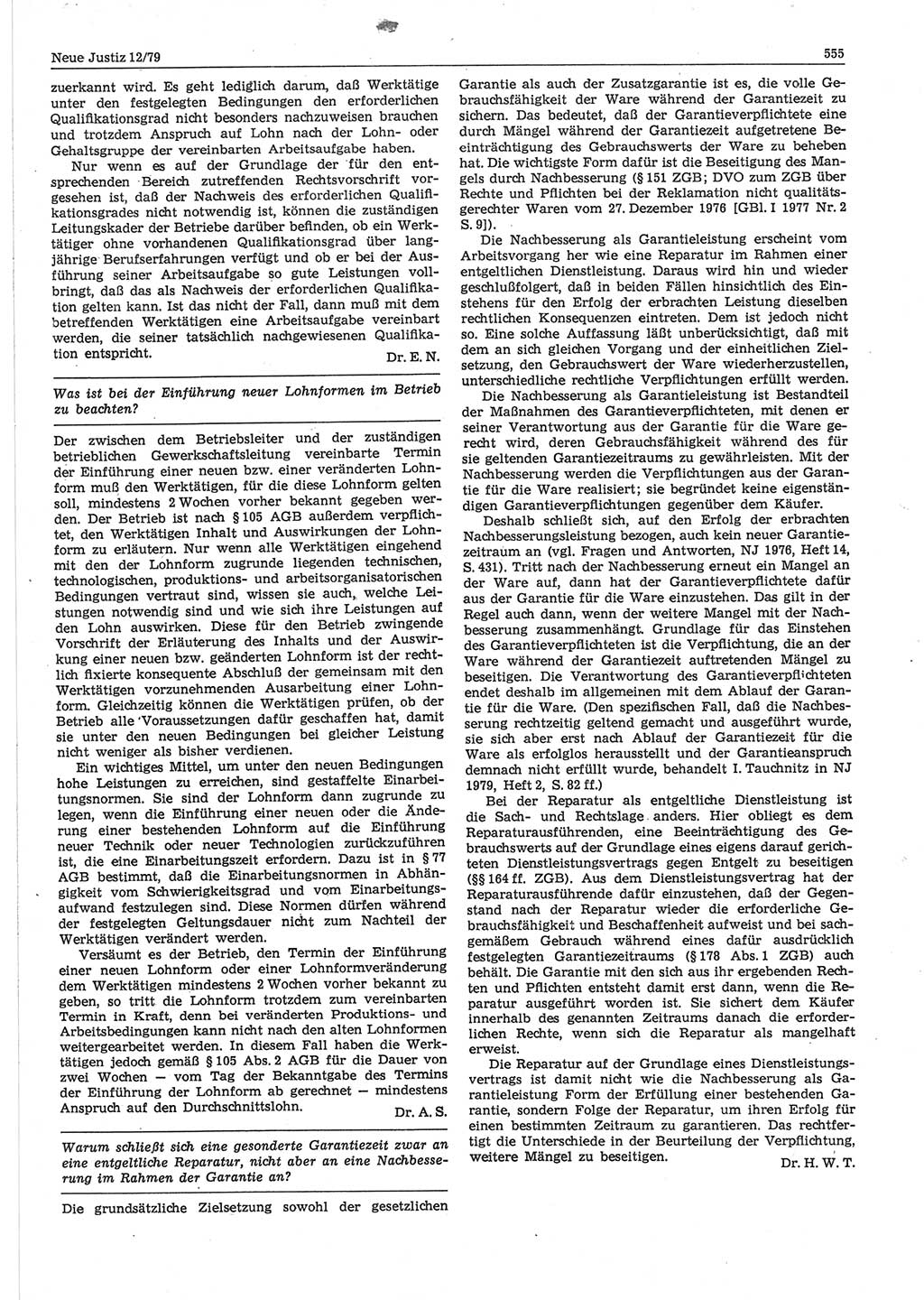 Neue Justiz (NJ), Zeitschrift für sozialistisches Recht und Gesetzlichkeit [Deutsche Demokratische Republik (DDR)], 33. Jahrgang 1979, Seite 555 (NJ DDR 1979, S. 555)