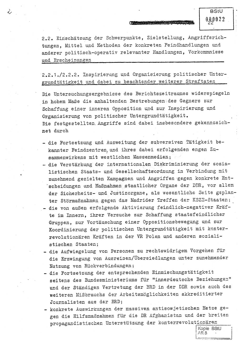 Jahresbericht der Hauptabteilung (HA) Ⅸ 1980, Analyse über die Entwicklung und die Wirksamkeit der politisch-operativen Arbeit der Linie Ⅸ in der Zeit vom 1. Januar 1980 bis 30. September 1980, Ministerium für Staatssicherheit (MfS) der Deutschen Demokratischen Republik (DDR), Hauptabteilung Ⅸ, Geheime Verschlußsache (GVS) 014-660/80, Berlin 1980, Seite 22 (Anal. MfS DDR HA Ⅸ GVS 014-660/80 1980, S. 22)