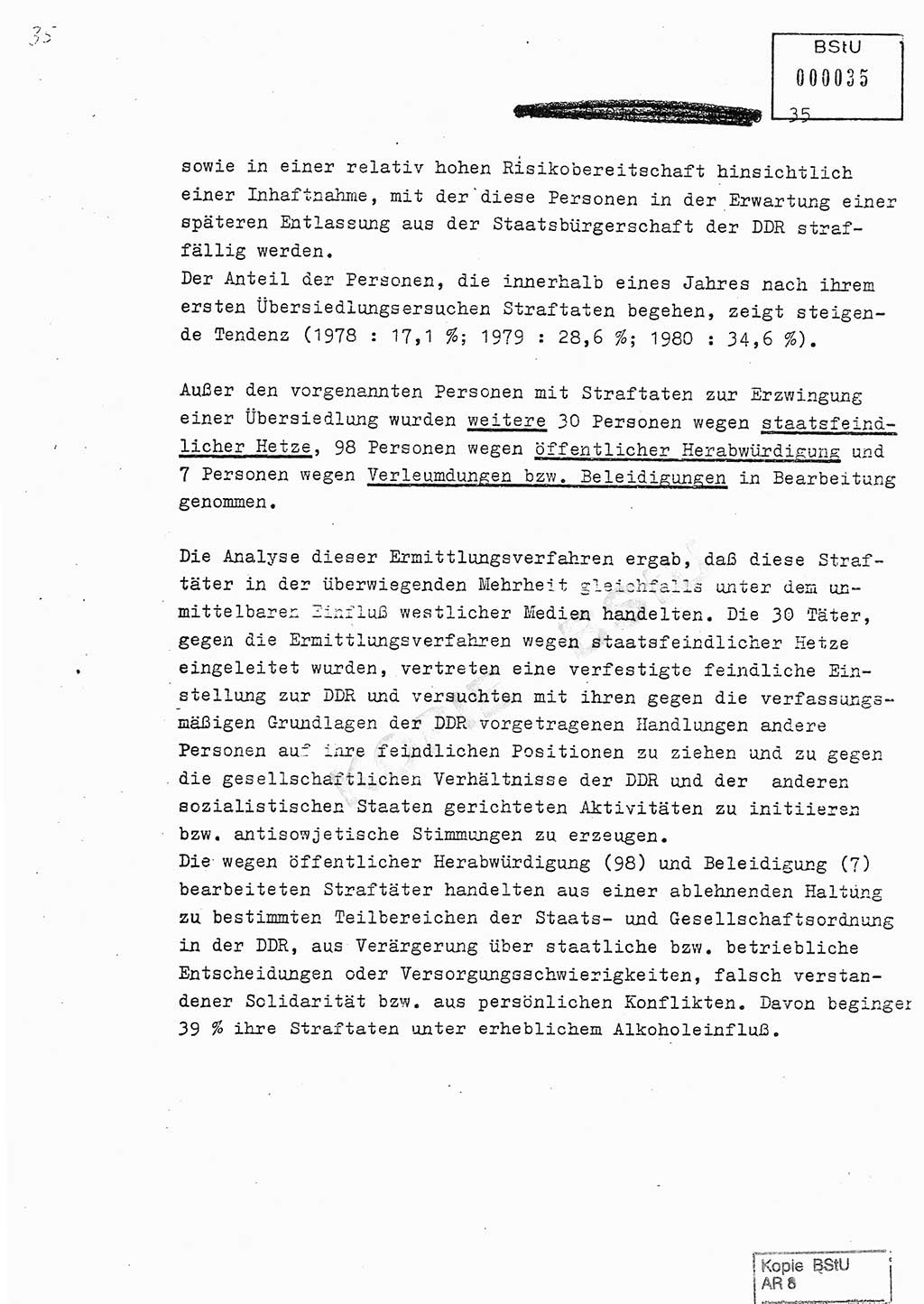 Jahresbericht der Hauptabteilung (HA) Ⅸ 1980, Analyse über die Entwicklung und die Wirksamkeit der politisch-operativen Arbeit der Linie Ⅸ in der Zeit vom 1. Januar 1980 bis 30. September 1980, Ministerium für Staatssicherheit (MfS) der Deutschen Demokratischen Republik (DDR), Hauptabteilung Ⅸ, Geheime Verschlußsache (GVS) 014-660/80, Berlin 1980, Seite 35 (Anal. MfS DDR HA Ⅸ GVS 014-660/80 1980, S. 35)