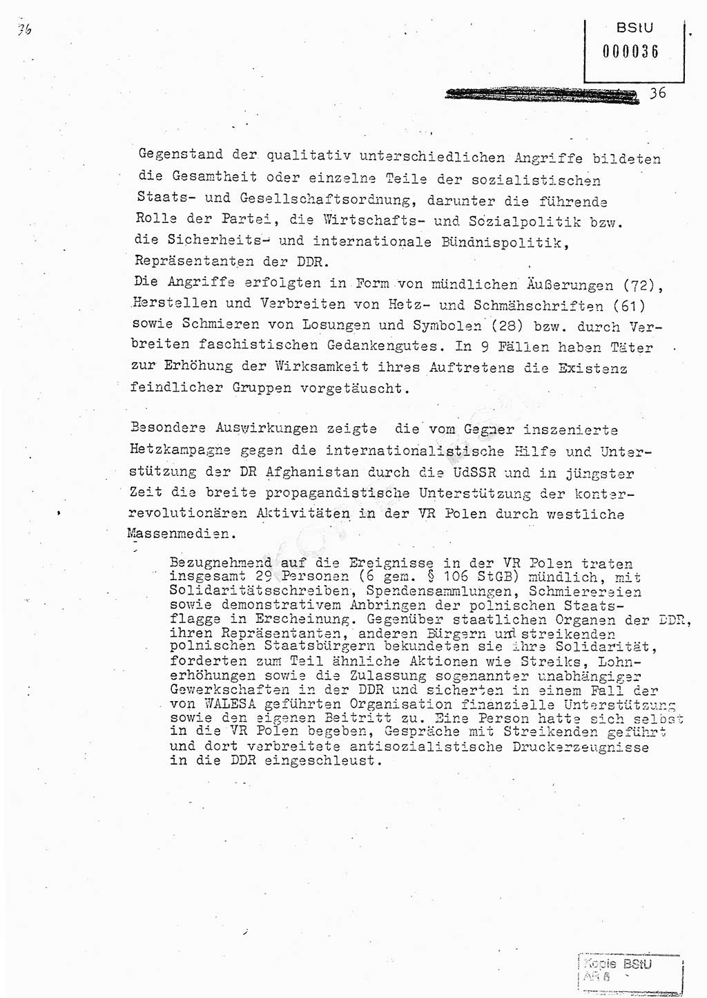 Jahresbericht der Hauptabteilung (HA) Ⅸ 1980, Analyse über die Entwicklung und die Wirksamkeit der politisch-operativen Arbeit der Linie Ⅸ in der Zeit vom 1. Januar 1980 bis 30. September 1980, Ministerium für Staatssicherheit (MfS) der Deutschen Demokratischen Republik (DDR), Hauptabteilung Ⅸ, Geheime Verschlußsache (GVS) 014-660/80, Berlin 1980, Seite 36 (Anal. MfS DDR HA Ⅸ GVS 014-660/80 1980, S. 36)