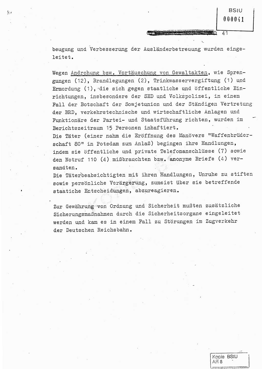 Jahresbericht der Hauptabteilung (HA) Ⅸ 1980, Analyse über die Entwicklung und die Wirksamkeit der politisch-operativen Arbeit der Linie Ⅸ in der Zeit vom 1. Januar 1980 bis 30. September 1980, Ministerium für Staatssicherheit (MfS) der Deutschen Demokratischen Republik (DDR), Hauptabteilung Ⅸ, Geheime Verschlußsache (GVS) 014-660/80, Berlin 1980, Seite 41 (Anal. MfS DDR HA Ⅸ GVS 014-660/80 1980, S. 41)