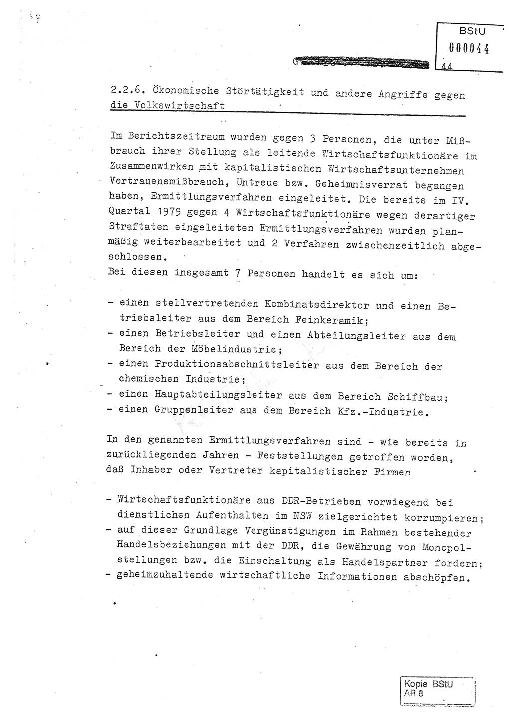 Jahresbericht der Hauptabteilung (HA) Ⅸ 1980, Analyse über die Entwicklung und die Wirksamkeit der politisch-operativen Arbeit der Linie Ⅸ in der Zeit vom 1. Januar 1980 bis 30. September 1980, Ministerium für Staatssicherheit (MfS) der Deutschen Demokratischen Republik (DDR), Hauptabteilung Ⅸ, Geheime Verschlußsache (GVS) 014-660/80, Berlin 1980, Seite 44 (Anal. MfS DDR HA Ⅸ GVS 014-660/80 1980, S. 44)