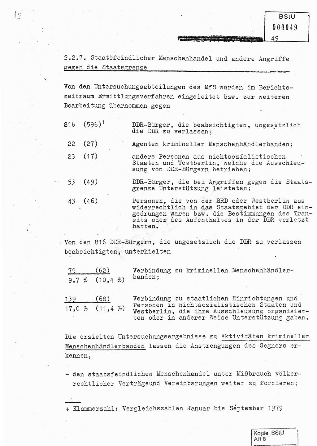 Jahresbericht der Hauptabteilung (HA) Ⅸ 1980, Analyse über die Entwicklung und die Wirksamkeit der politisch-operativen Arbeit der Linie Ⅸ in der Zeit vom 1. Januar 1980 bis 30. September 1980, Ministerium für Staatssicherheit (MfS) der Deutschen Demokratischen Republik (DDR), Hauptabteilung Ⅸ, Geheime Verschlußsache (GVS) 014-660/80, Berlin 1980, Seite 49 (Anal. MfS DDR HA Ⅸ GVS 014-660/80 1980, S. 49)