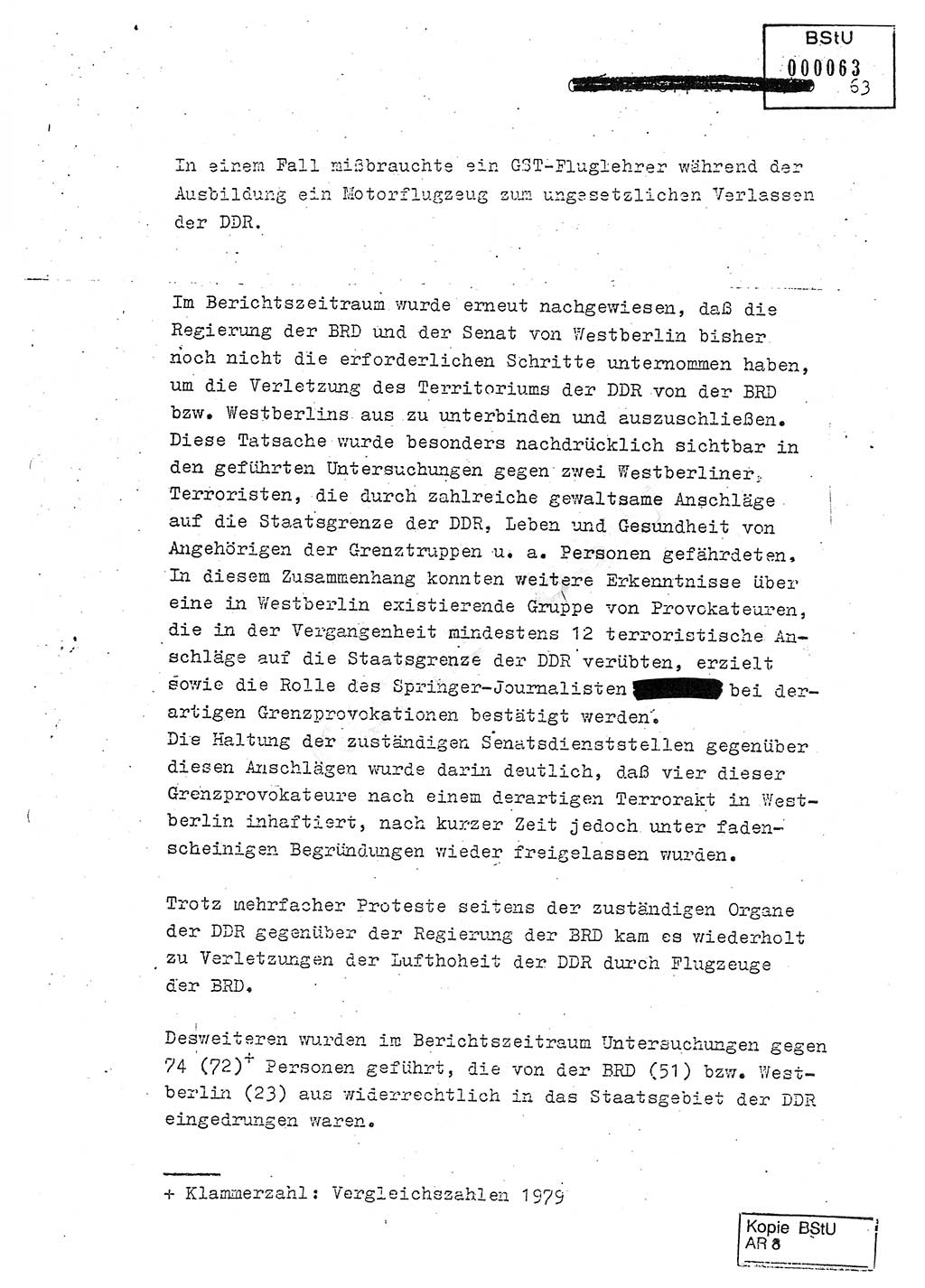 Jahresbericht der Hauptabteilung (HA) Ⅸ 1980, Analyse über die Entwicklung und die Wirksamkeit der politisch-operativen Arbeit der Linie Ⅸ in der Zeit vom 1. Januar 1980 bis 30. September 1980, Ministerium für Staatssicherheit (MfS) der Deutschen Demokratischen Republik (DDR), Hauptabteilung Ⅸ, Geheime Verschlußsache (GVS) 014-660/80, Berlin 1980, Seite 63 (Anal. MfS DDR HA Ⅸ GVS 014-660/80 1980, S. 63)