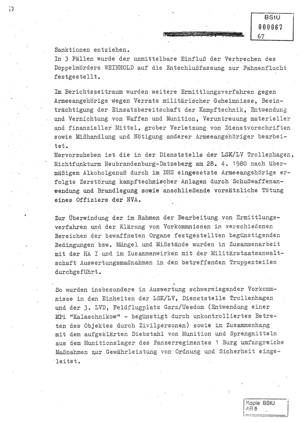 Jahresbericht der Hauptabteilung (HA) Ⅸ 1980, Analyse über die Entwicklung und die Wirksamkeit der politisch-operativen Arbeit der Linie Ⅸ in der Zeit vom 1. Januar 1980 bis 30. September 1980, Ministerium für Staatssicherheit (MfS) der Deutschen Demokratischen Republik (DDR), Hauptabteilung Ⅸ, Geheime Verschlußsache (GVS) 014-660/80, Berlin 1980, Seite 67 (Anal. MfS DDR HA Ⅸ GVS 014-660/80 1980, S. 67)