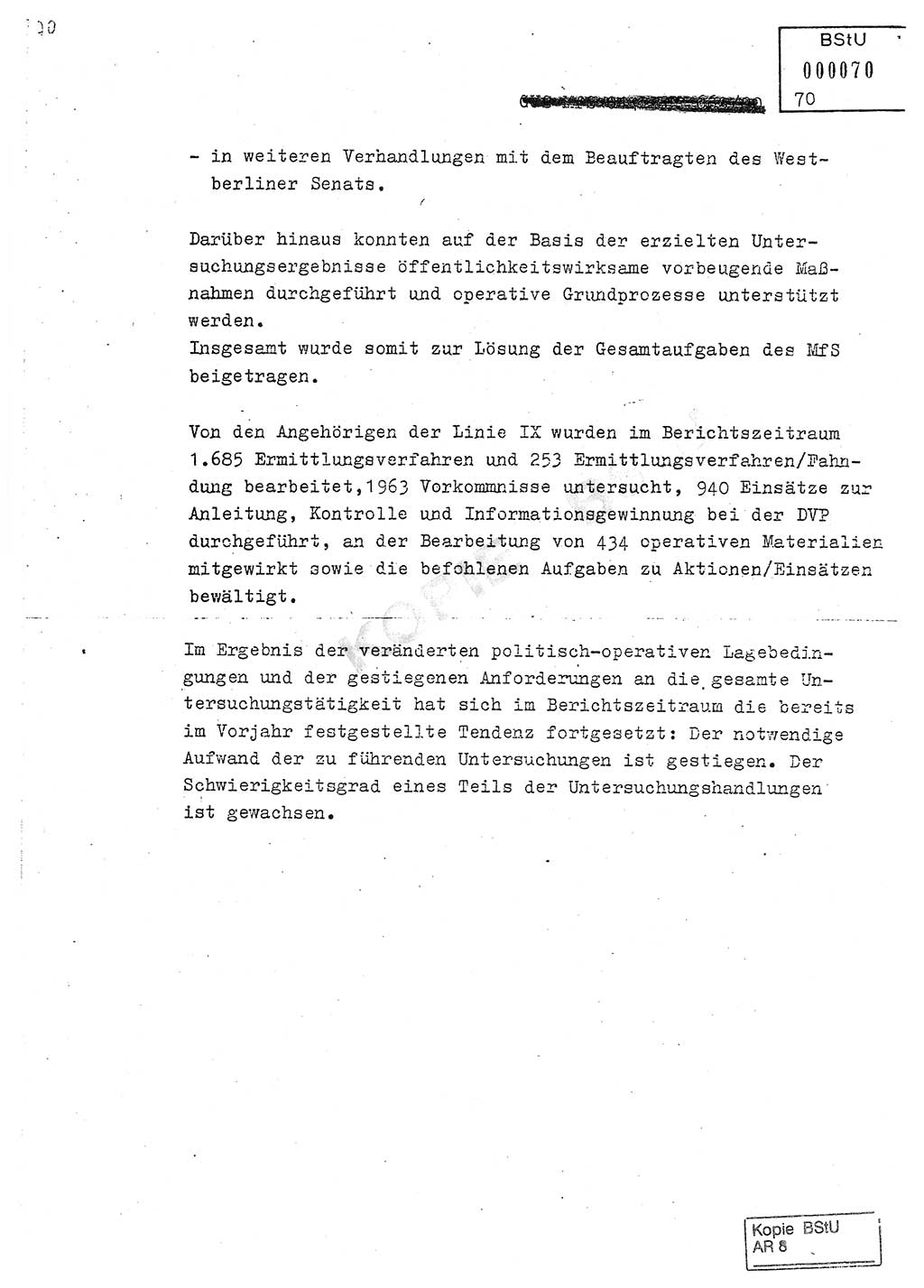 Jahresbericht der Hauptabteilung (HA) Ⅸ 1980, Analyse über die Entwicklung und die Wirksamkeit der politisch-operativen Arbeit der Linie Ⅸ in der Zeit vom 1. Januar 1980 bis 30. September 1980, Ministerium für Staatssicherheit (MfS) der Deutschen Demokratischen Republik (DDR), Hauptabteilung Ⅸ, Geheime Verschlußsache (GVS) 014-660/80, Berlin 1980, Seite 70 (Anal. MfS DDR HA Ⅸ GVS 014-660/80 1980, S. 70)