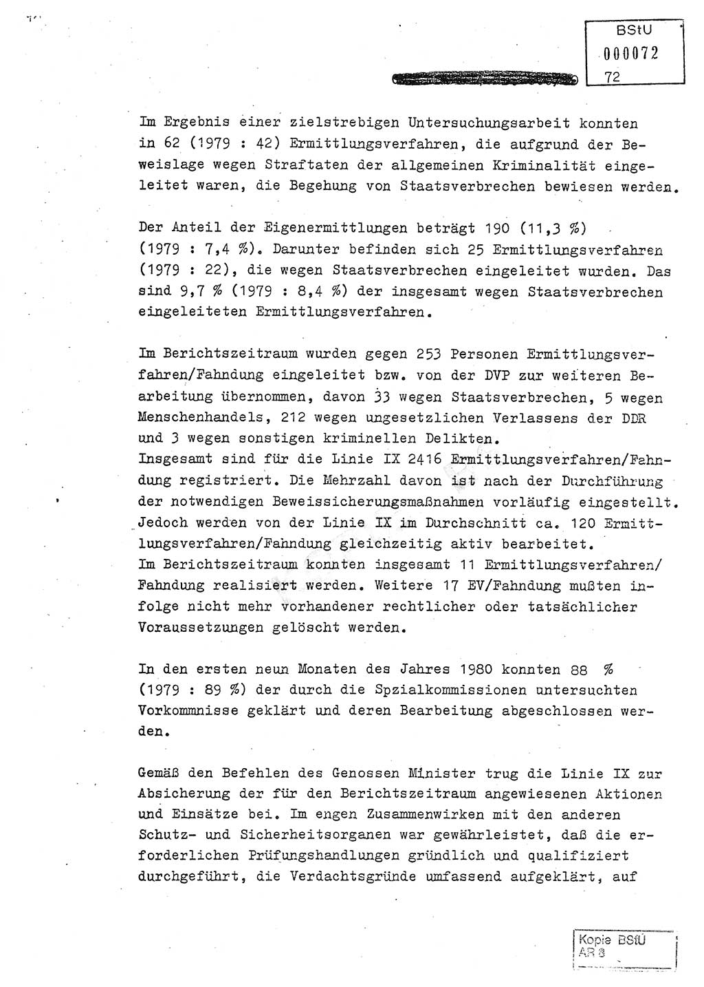 Jahresbericht der Hauptabteilung (HA) Ⅸ 1980, Analyse über die Entwicklung und die Wirksamkeit der politisch-operativen Arbeit der Linie Ⅸ in der Zeit vom 1. Januar 1980 bis 30. September 1980, Ministerium für Staatssicherheit (MfS) der Deutschen Demokratischen Republik (DDR), Hauptabteilung Ⅸ, Geheime Verschlußsache (GVS) 014-660/80, Berlin 1980, Seite 72 (Anal. MfS DDR HA Ⅸ GVS 014-660/80 1980, S. 72)