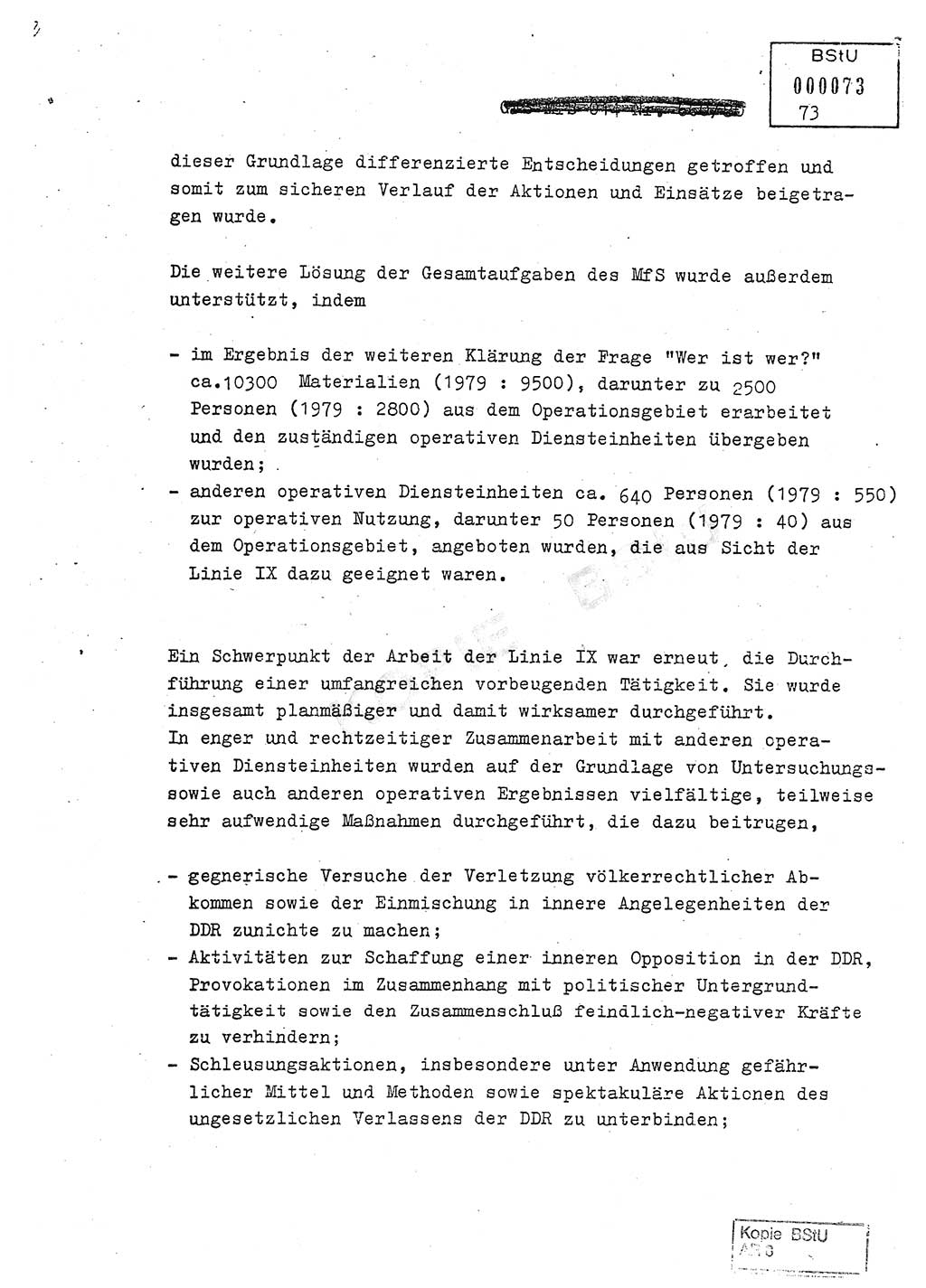 Jahresbericht der Hauptabteilung (HA) Ⅸ 1980, Analyse über die Entwicklung und die Wirksamkeit der politisch-operativen Arbeit der Linie Ⅸ in der Zeit vom 1. Januar 1980 bis 30. September 1980, Ministerium für Staatssicherheit (MfS) der Deutschen Demokratischen Republik (DDR), Hauptabteilung Ⅸ, Geheime Verschlußsache (GVS) 014-660/80, Berlin 1980, Seite 73 (Anal. MfS DDR HA Ⅸ GVS 014-660/80 1980, S. 73)