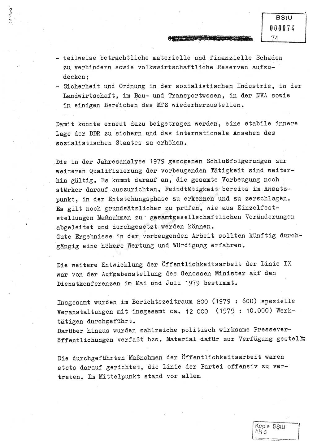 Jahresbericht der Hauptabteilung (HA) Ⅸ 1980, Analyse über die Entwicklung und die Wirksamkeit der politisch-operativen Arbeit der Linie Ⅸ in der Zeit vom 1. Januar 1980 bis 30. September 1980, Ministerium für Staatssicherheit (MfS) der Deutschen Demokratischen Republik (DDR), Hauptabteilung Ⅸ, Geheime Verschlußsache (GVS) 014-660/80, Berlin 1980, Seite 74 (Anal. MfS DDR HA Ⅸ GVS 014-660/80 1980, S. 74)