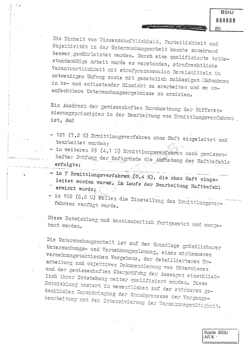 Jahresbericht der Hauptabteilung (HA) Ⅸ 1980, Analyse über die Entwicklung und die Wirksamkeit der politisch-operativen Arbeit der Linie Ⅸ in der Zeit vom 1. Januar 1980 bis 30. September 1980, Ministerium für Staatssicherheit (MfS) der Deutschen Demokratischen Republik (DDR), Hauptabteilung Ⅸ, Geheime Verschlußsache (GVS) 014-660/80, Berlin 1980, Seite 80 (Anal. MfS DDR HA Ⅸ GVS 014-660/80 1980, S. 80)